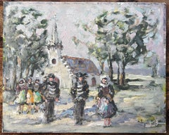 French Village Wedding Scene With Church Trees And Traditional Dress Painting