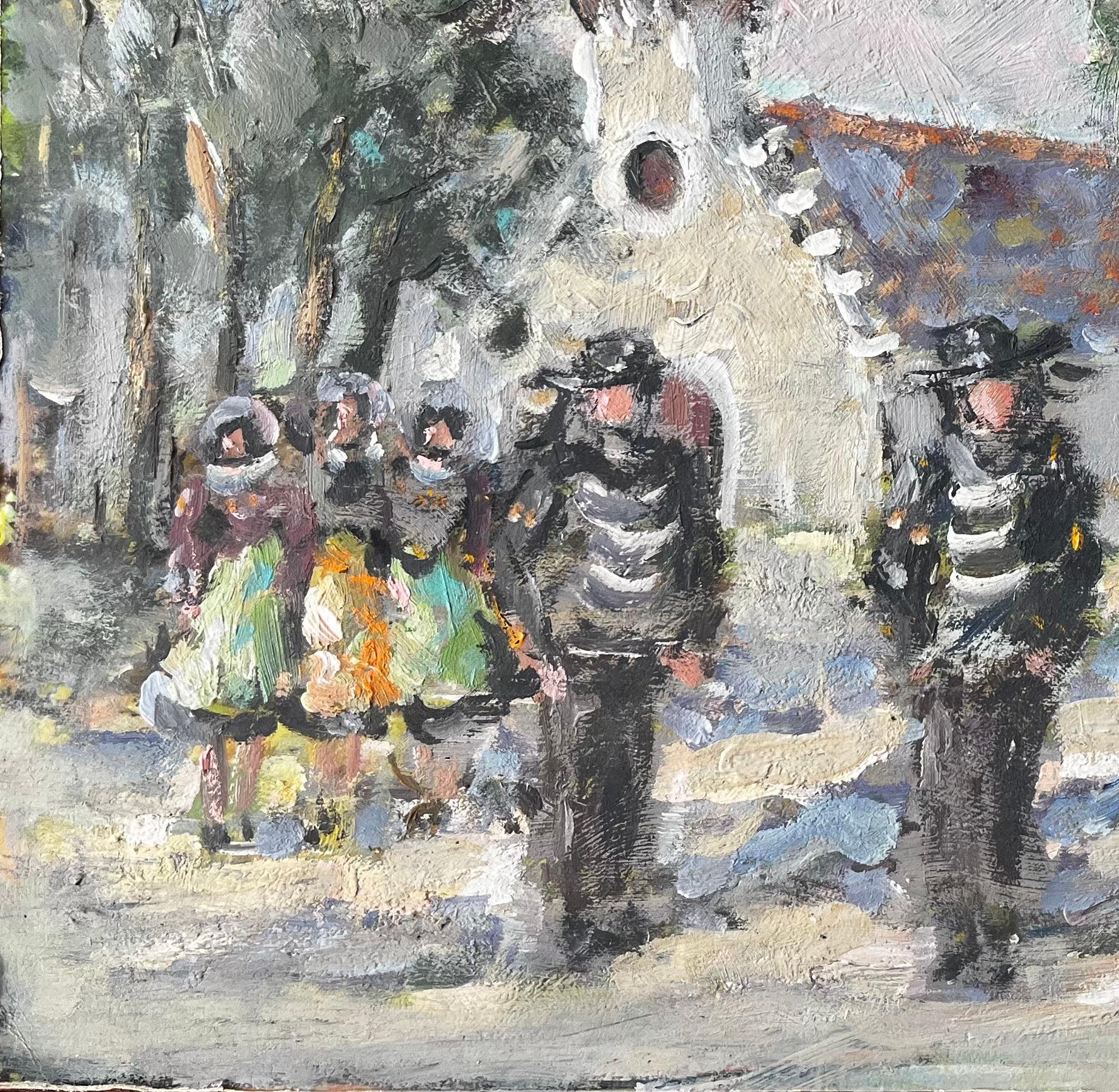 Title: French Village Wedding Scene With Church Trees And Traditional Dress Painting
by Fanch Lel
Signed: Bottom right corner
Size: 15.75 x 19.75 inches (height x width)
Oil painting on board, unframed
Condition: Good overall condition. Minor