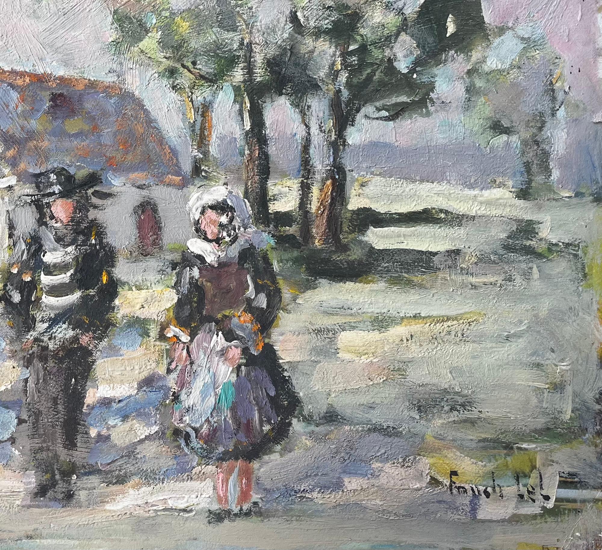 French Village Wedding Scene With Church Trees And Traditional Dress Painting For Sale 1