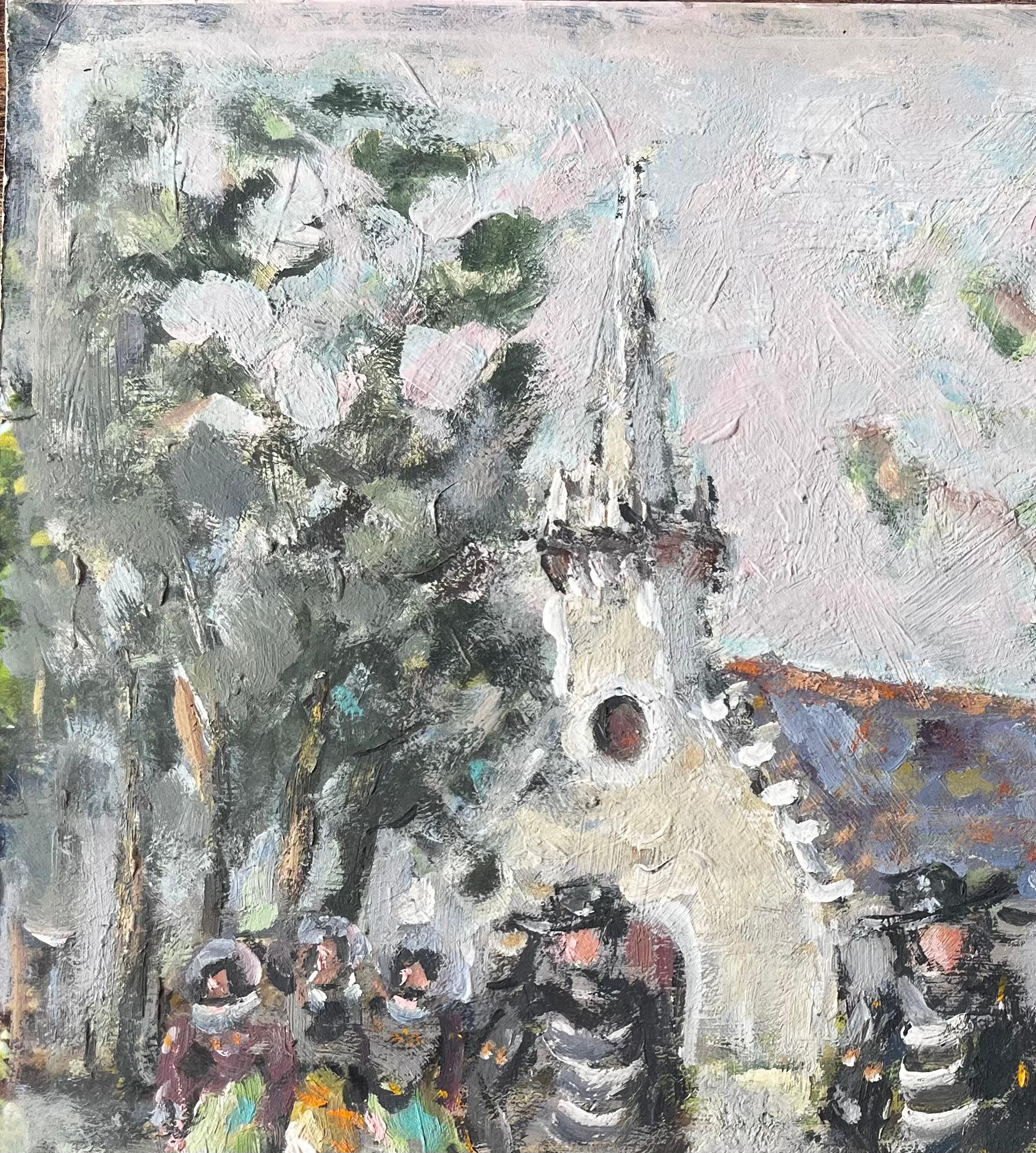French Village Wedding Scene With Church Trees And Traditional Dress Painting For Sale 2