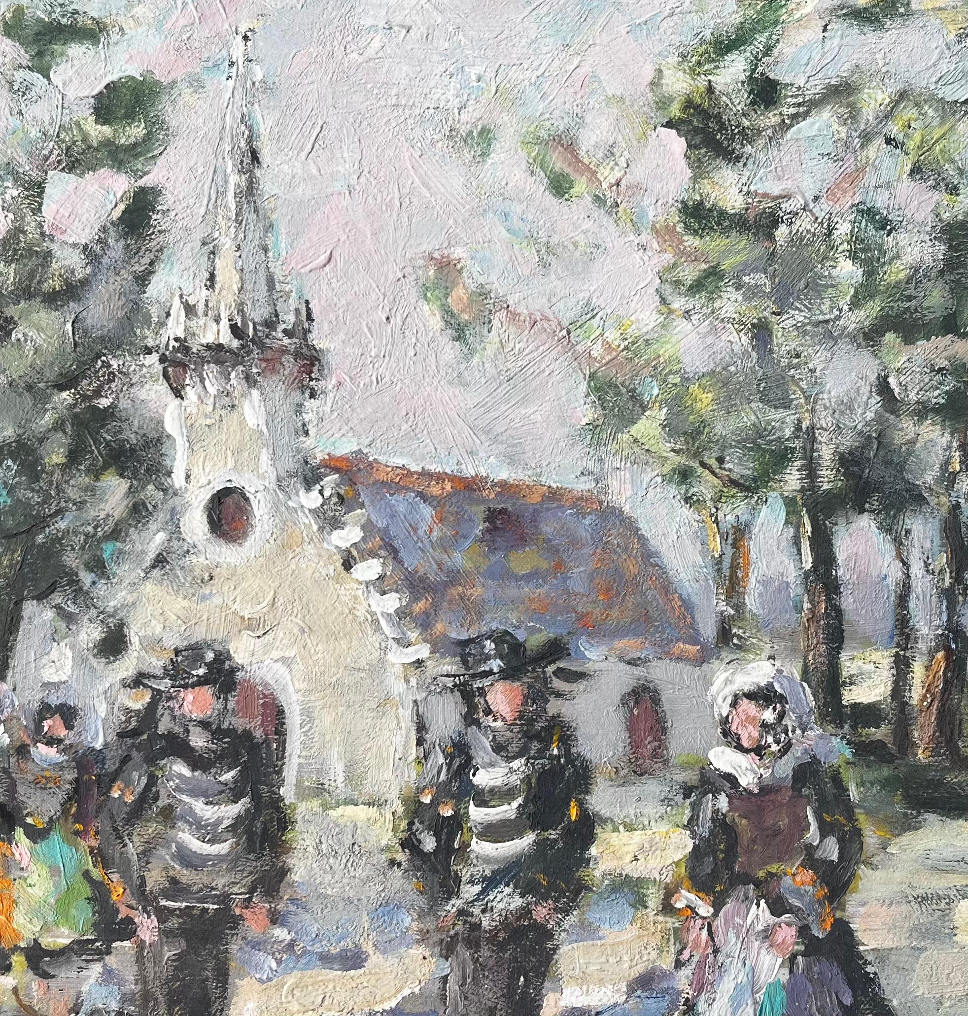 French Village Wedding Scene With Church Trees And Traditional Dress Painting For Sale 4