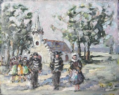 French Village Wedding Scene With Church Trees And Traditional Dress Painting