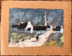 Französisches Dorf mit weißer Kapelle und Spirale unter stürmischem Himmel von Fanch Lel