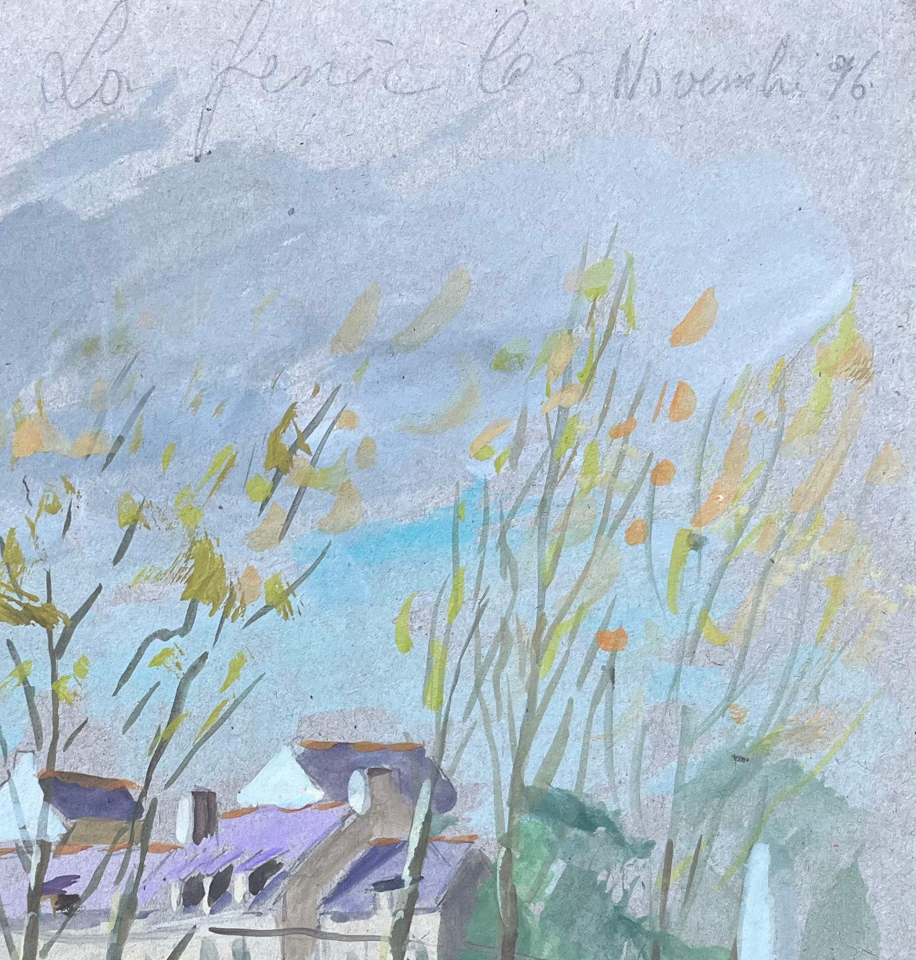 Titel: Französisches Aquarell von de Renie Französische Landschaftsszene mit Bäumen
von Fanch Lel (Franzose, geb. 1930)
Größe: 10,25 Zoll (Höhe) x 10,5 Zoll (Breite)
Gouache-Gemälde auf Karton, ungerahmt
Zustand: Das Gemälde ist in gutem Zustand,