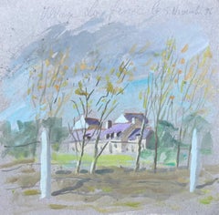 Vintage French Watercolor of de Renie French Countryside Scene with Trees