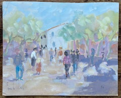 Acquerello francese di scena di mercato con figure e alberi alla luce dell'estate