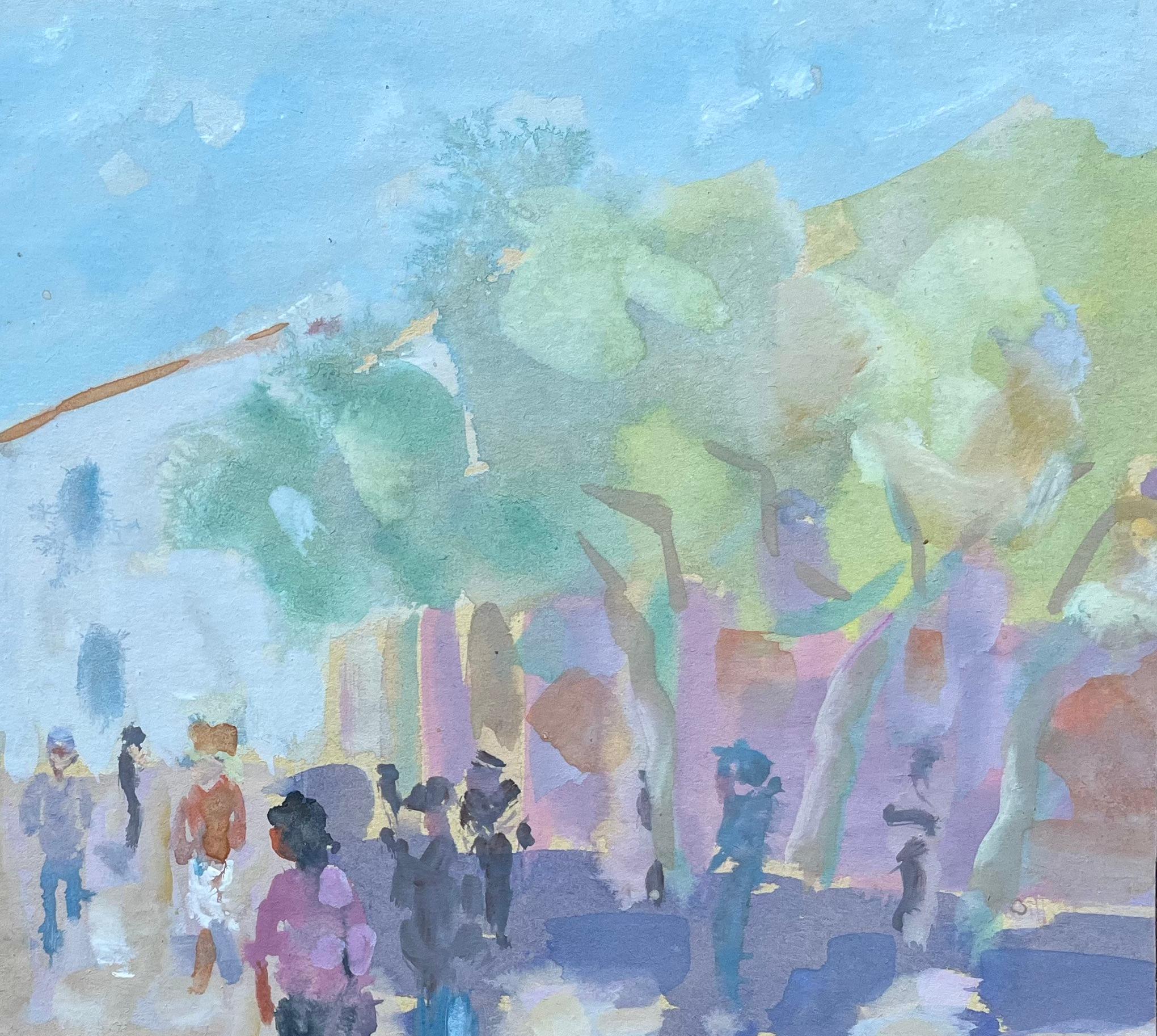 Acuarela francesa de escena de mercado con figuras y árboles a la luz del verano - Figurative Painting Azul de Fanch Lel