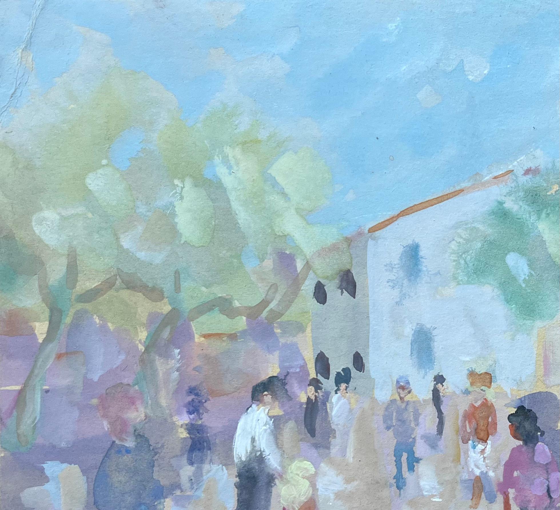 Título: Acuarela francesa de escena de mercado con figuras y árboles a la luz del verano
por Fanch Lel
Firmado: Sí
Tamaño: 8,75 pulgadas (alto) x 10,5 pulgadas (ancho)
Acuarela sobre papel, sin enmarcar
Estado de conservación: El cuadro está en buen