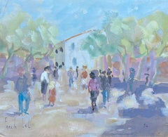 French Watercolor of Market Scene with Figures and Trees in Summer Light