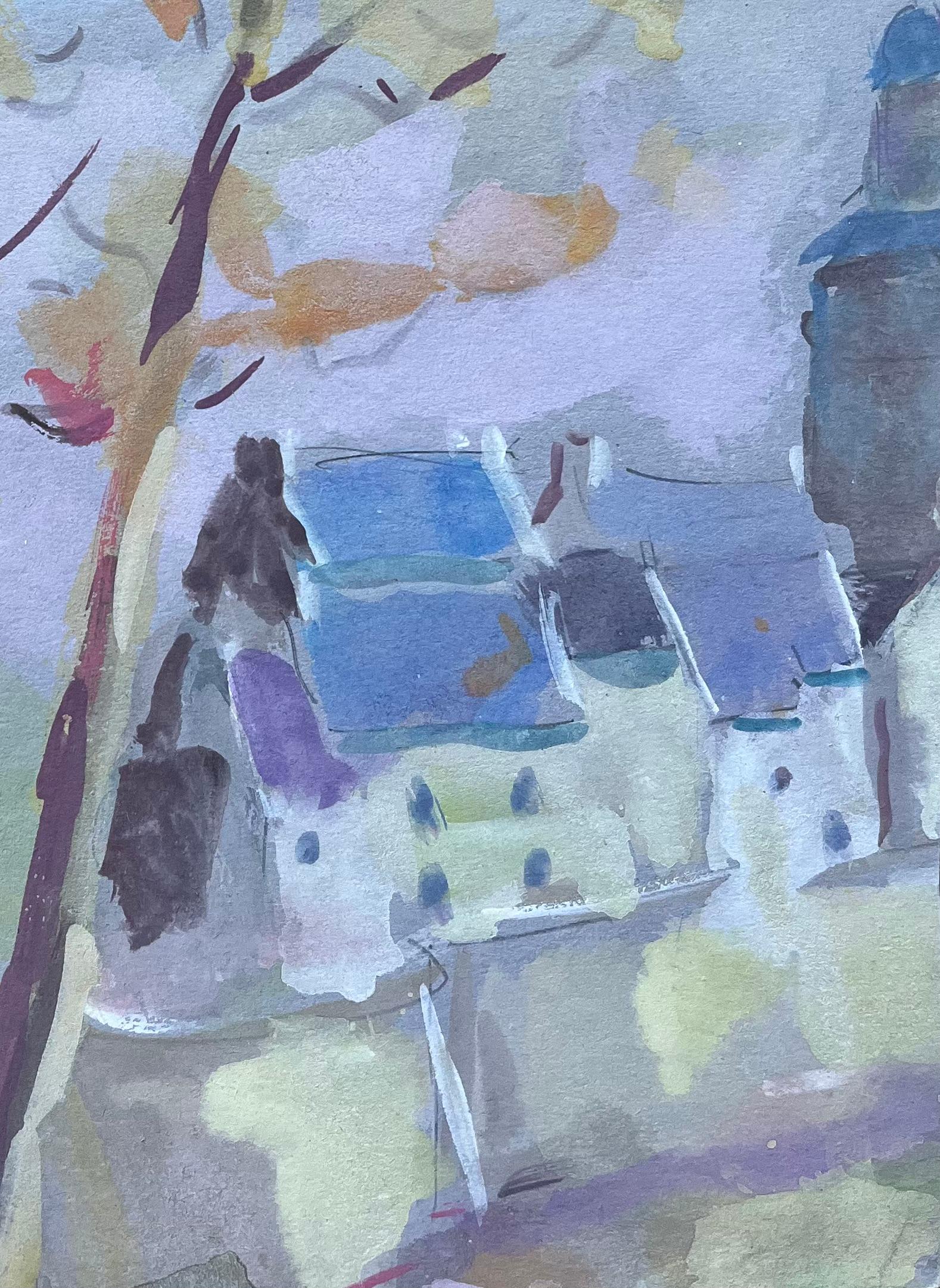 Französisches Aquarell von Herbstbäumen und Dorftürmen in weichen pastellfarbenen Tönen (Impressionismus), Painting, von Fanch Lel