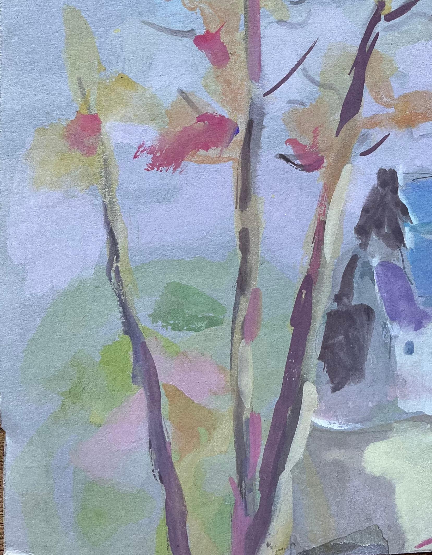 Französisches Aquarell von Herbstbäumen und Dorftürmen in weichen pastellfarbenen Tönen (Blau), Landscape Painting, von Fanch Lel