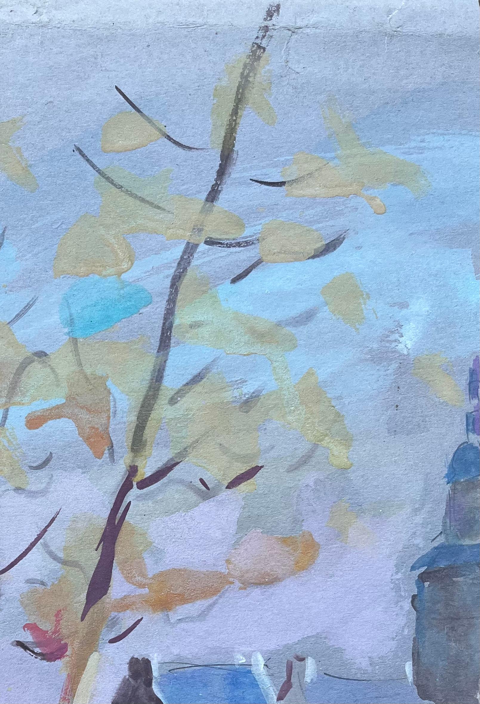 Titel: Französisches Aquarell von Herbstbäumen und Dorfdächern in weichen Pastelltönen
von Fanch Lel (Franzose, geb. 1930)
Größe: 12,75 Zoll (Höhe) x 9,25 Zoll (Breite)
Aquarell auf Papier, ungerahmt
Zustand: Das Gemälde ist in gutem Zustand, mit