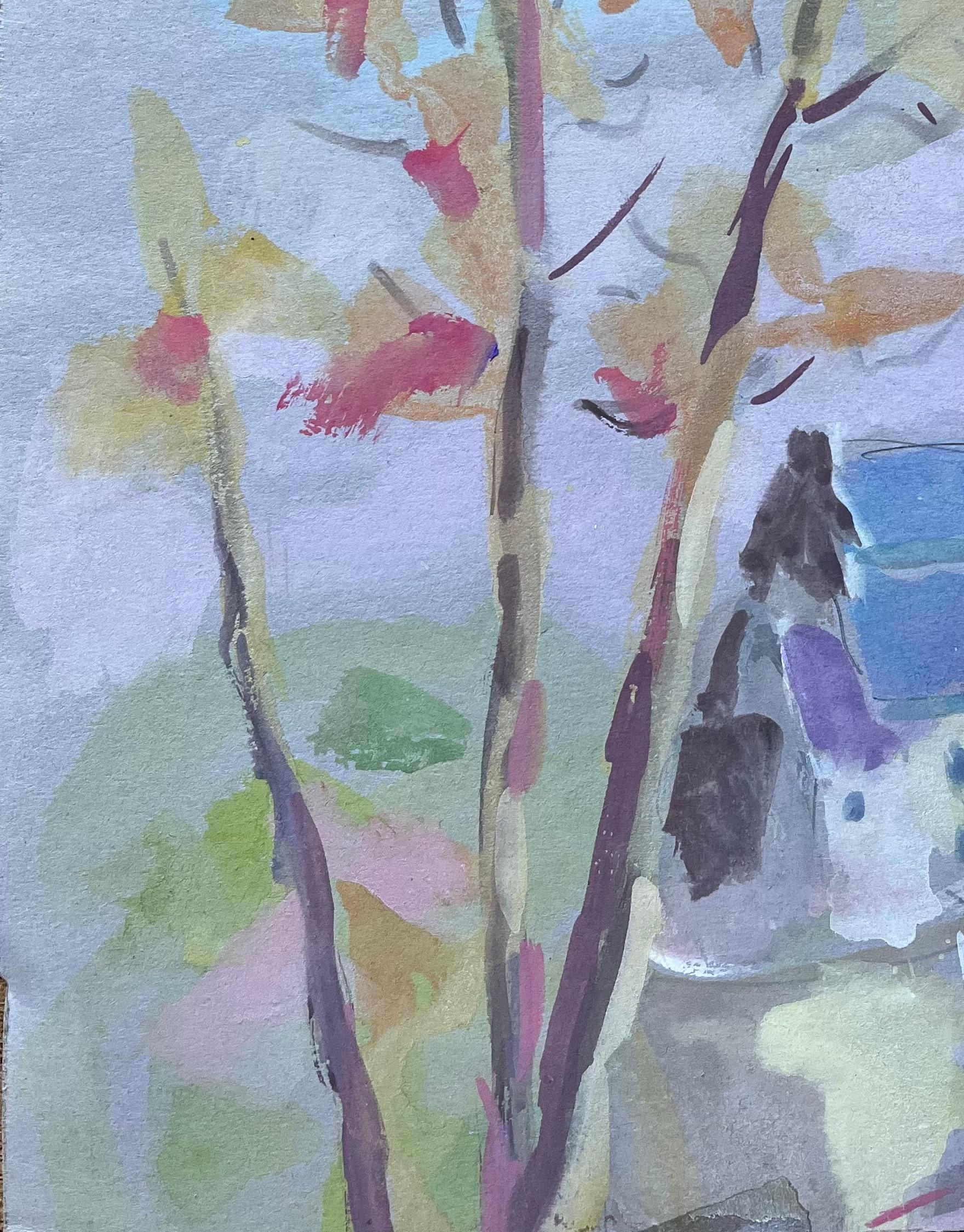 Französisches Aquarell von Herbstbäumen und Dorftürmen in weichen pastellfarbenen Tönen im Angebot 1