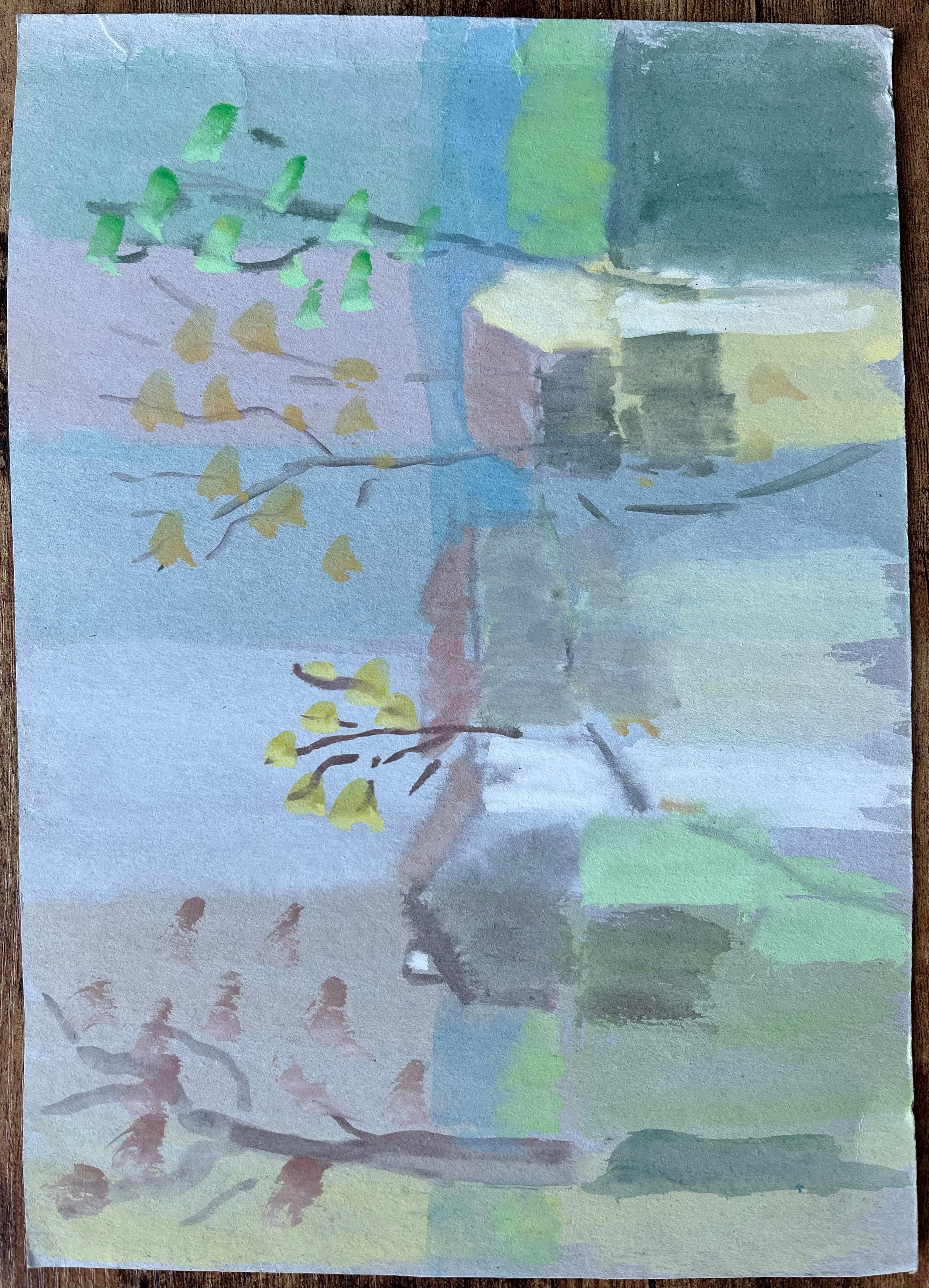 Französisches Aquarell von Herbstbäumen und Dorftürmen in weichen pastellfarbenen Tönen im Angebot 2