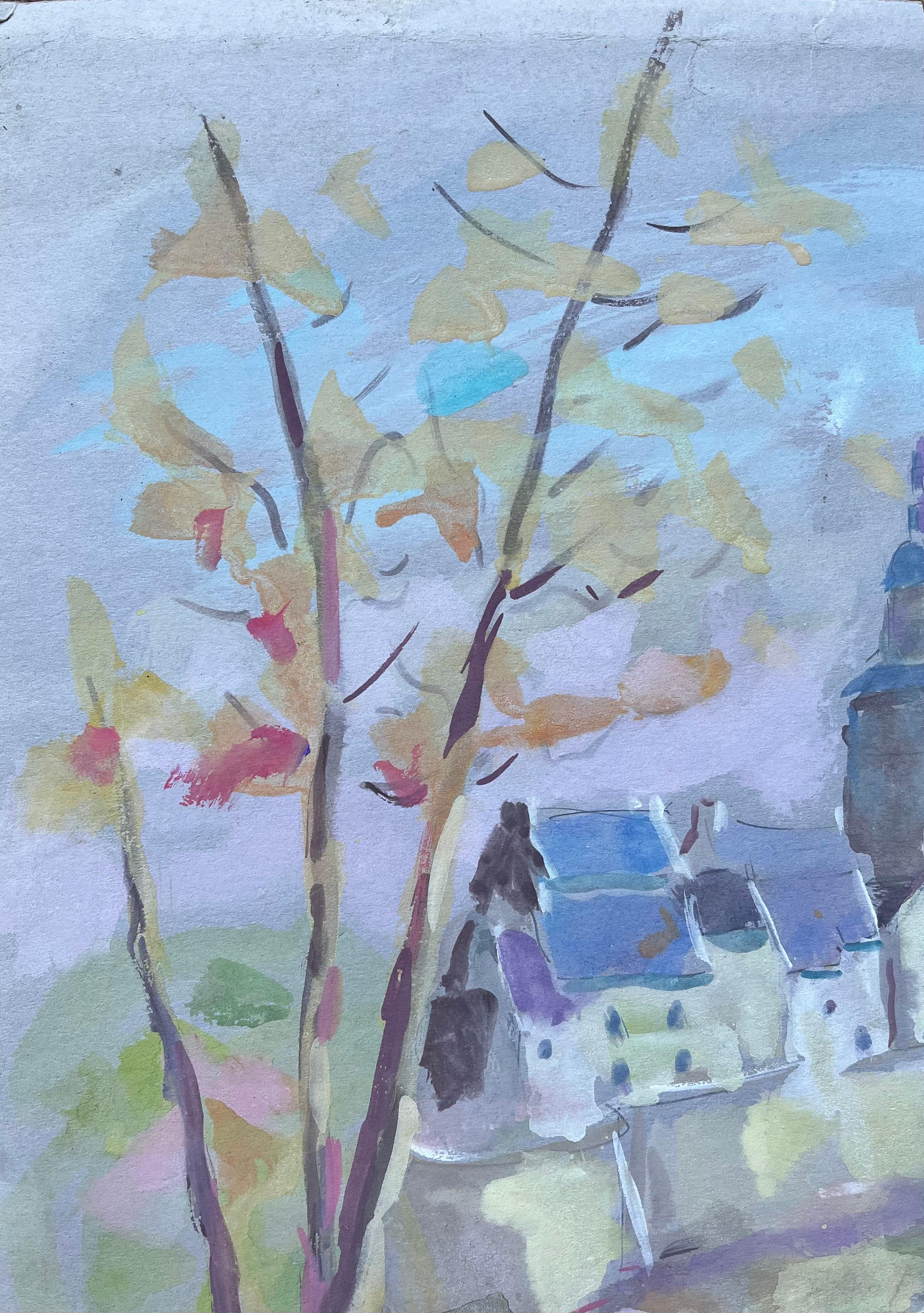 Französisches Aquarell von Herbstbäumen und Dorftürmen in weichen pastellfarbenen Tönen