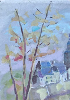 French Watercolour of Autumn Trees and Village Rooftops in Soft Pastel Tones