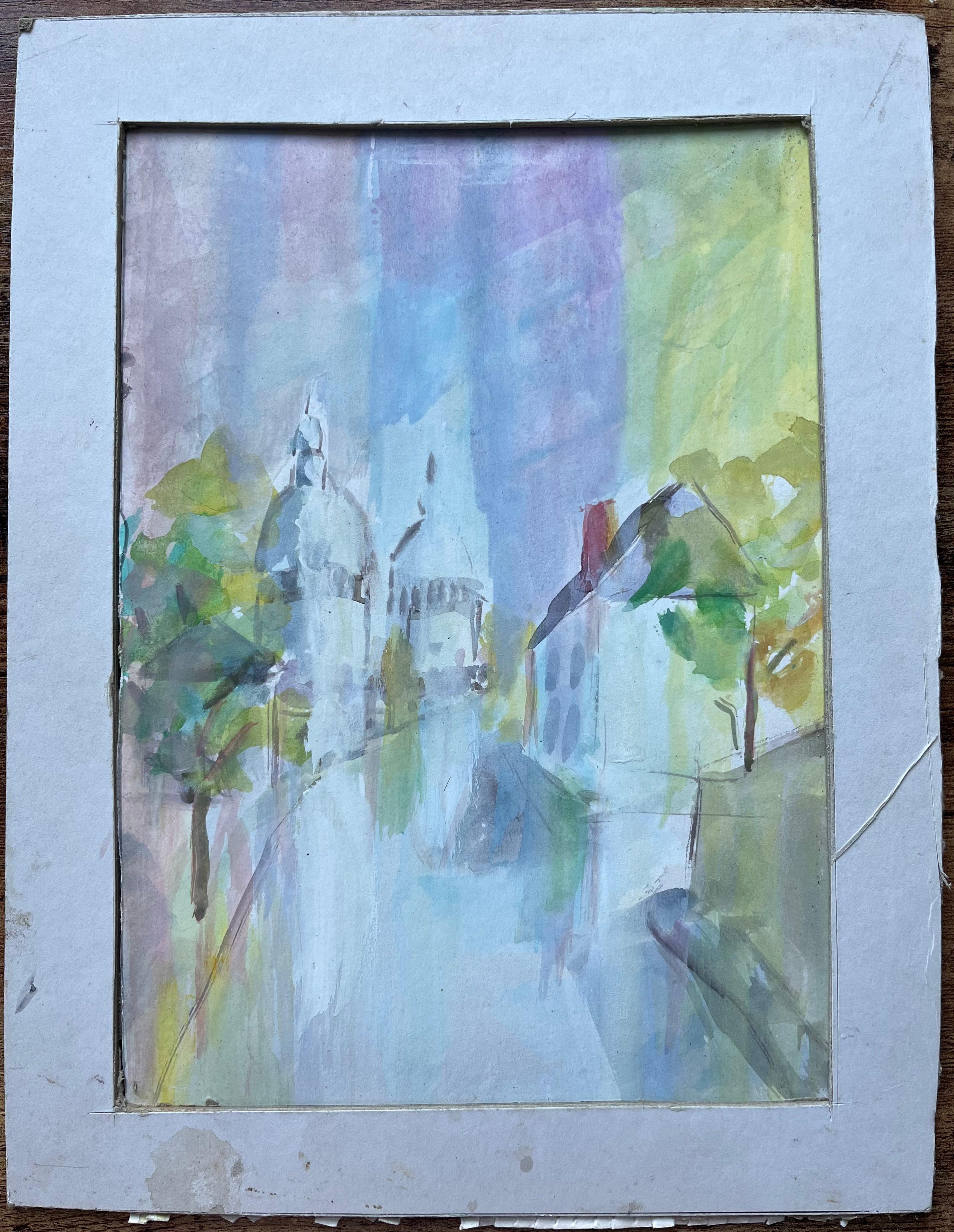 Acuarela francesa de Basílica y calle del Canal en tonos pastel con montura - Painting de Fanch Lel