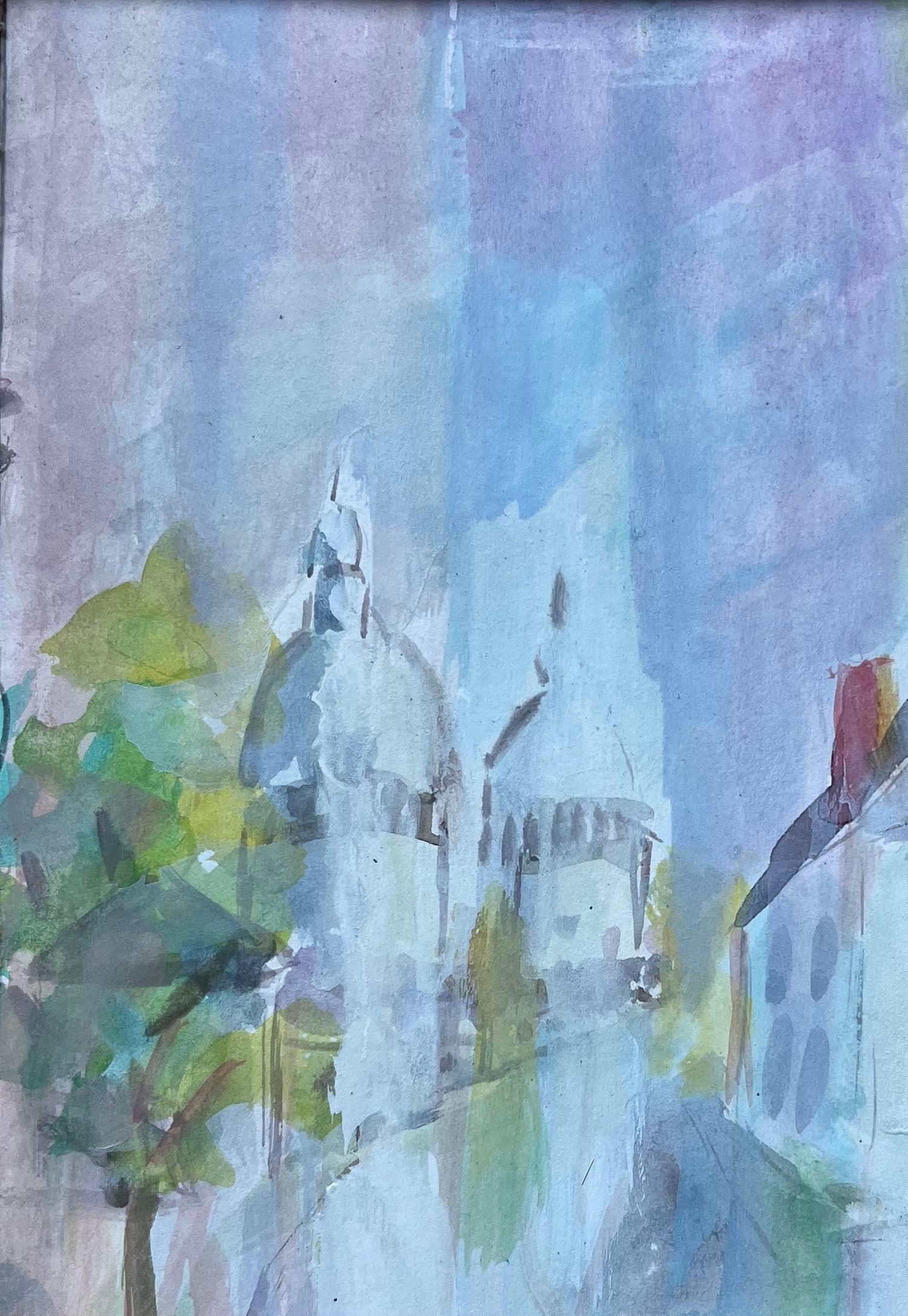 Acuarela francesa de Basílica y calle del Canal en tonos pastel con montura - Painting Impresionista de Fanch Lel