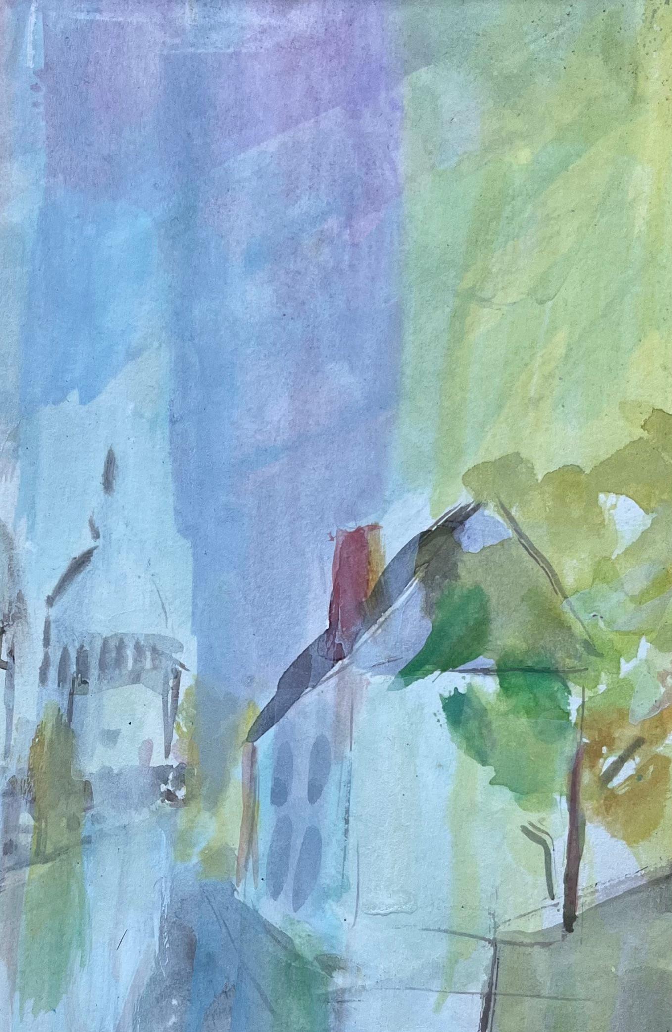 Acuarela francesa de Basílica y calle del Canal en tonos pastel con montura - Figurative Painting Azul de Fanch Lel