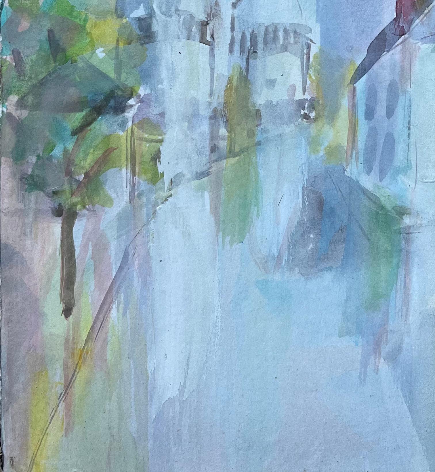 Acuarela francesa de Basílica y calle del Canal en tonos pastel con montura en venta 1