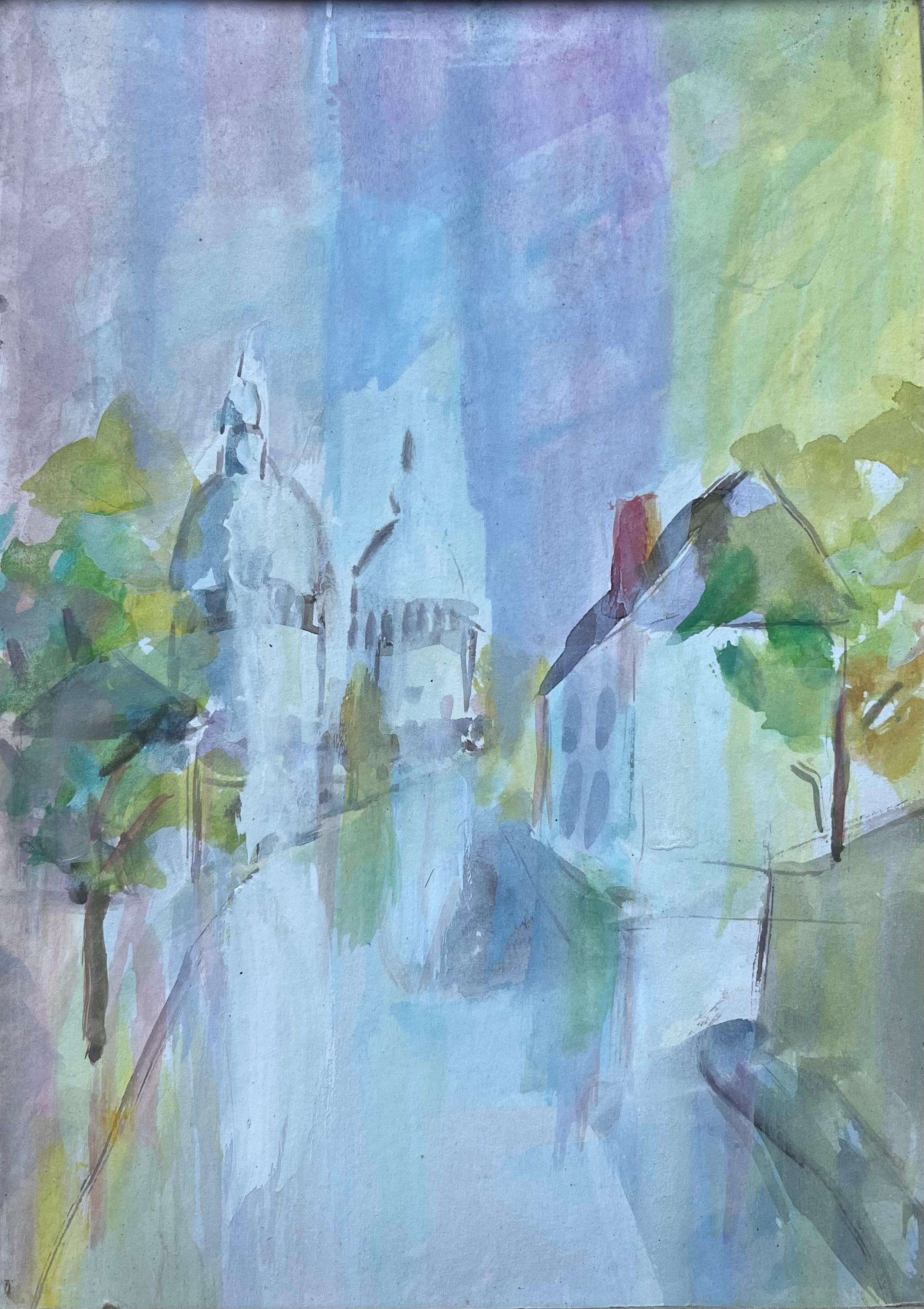 Figurative Painting de Fanch Lel - Acuarela francesa de Basílica y calle del Canal en tonos pastel con montura