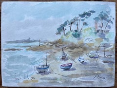 French Watercolour of Beached Boats at Low Tide in Saint-Briac