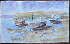 French Watercolour of Beached Fishing Boats in Brittany by Fanch Lel