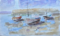 French Watercolour of Beached Fishing Boats in Brittany by Fanch Lel