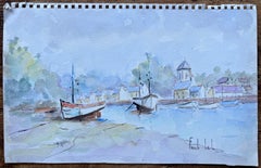 Acquerello francese di barche con la bassa marea nel porto di un villaggio costiero