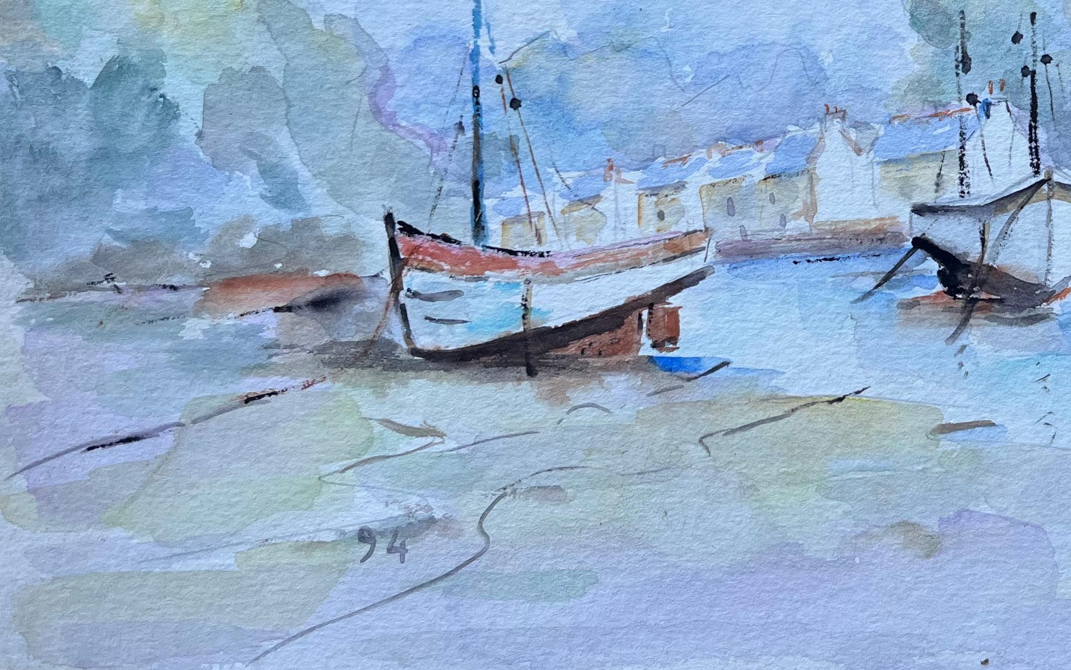 Acquerello francese di barche con la bassa marea nel porto di un villaggio costiero - Painting Impressionismo di Fanch Lel