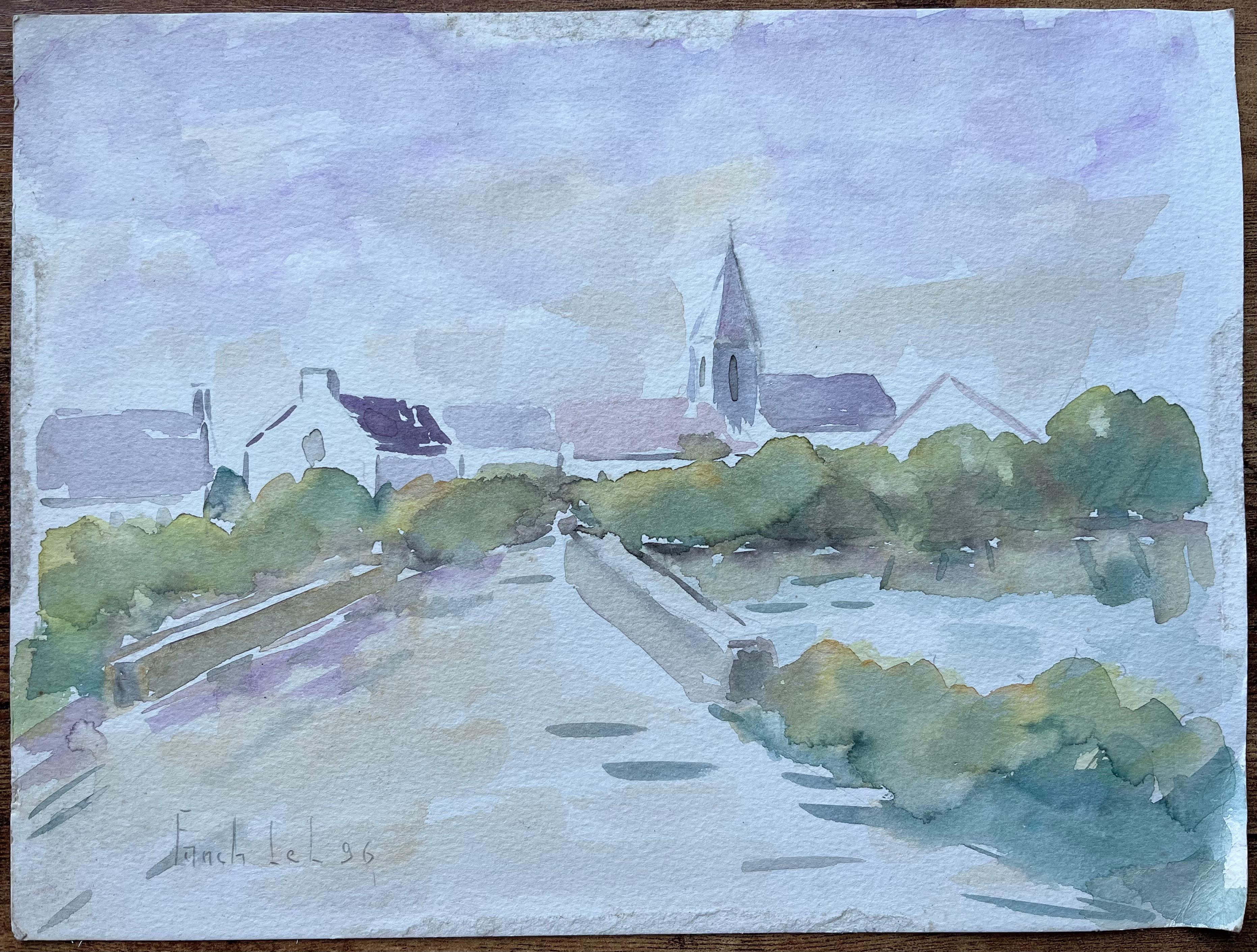 Französisches Aquarell von Brücke und Kirche in einer Tranquil- Village-Szene, Französisch – Painting von Fanch Lel