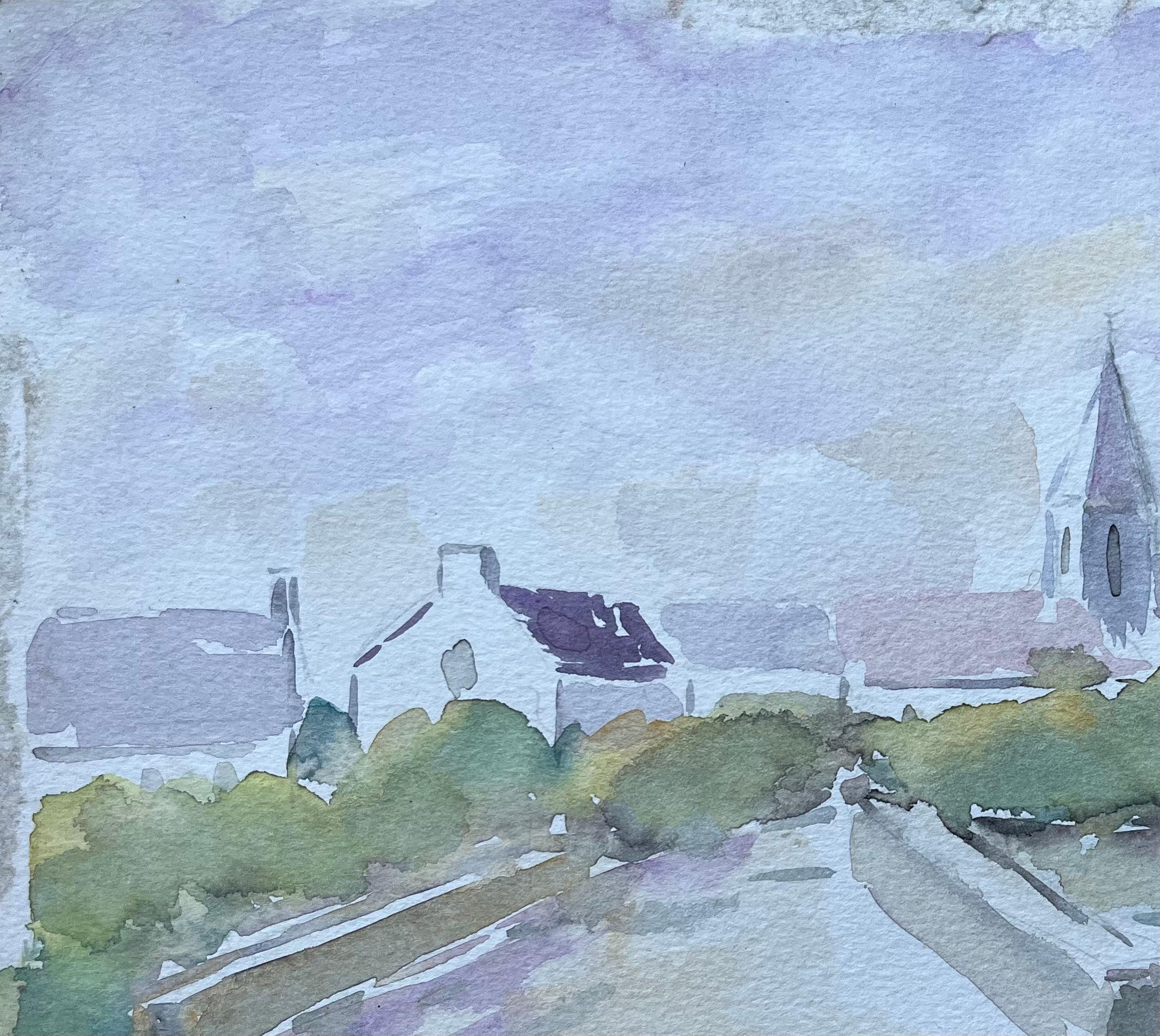 Französisches Aquarell von Brücke und Kirche in einer Tranquil- Village-Szene, Französisch (Impressionismus), Painting, von Fanch Lel