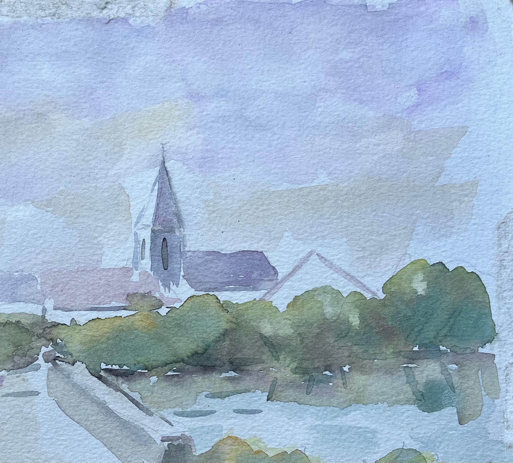 Französisches Aquarell von Brücke und Kirche in einer Tranquil- Village-Szene, Französisch (Blau), Figurative Painting, von Fanch Lel