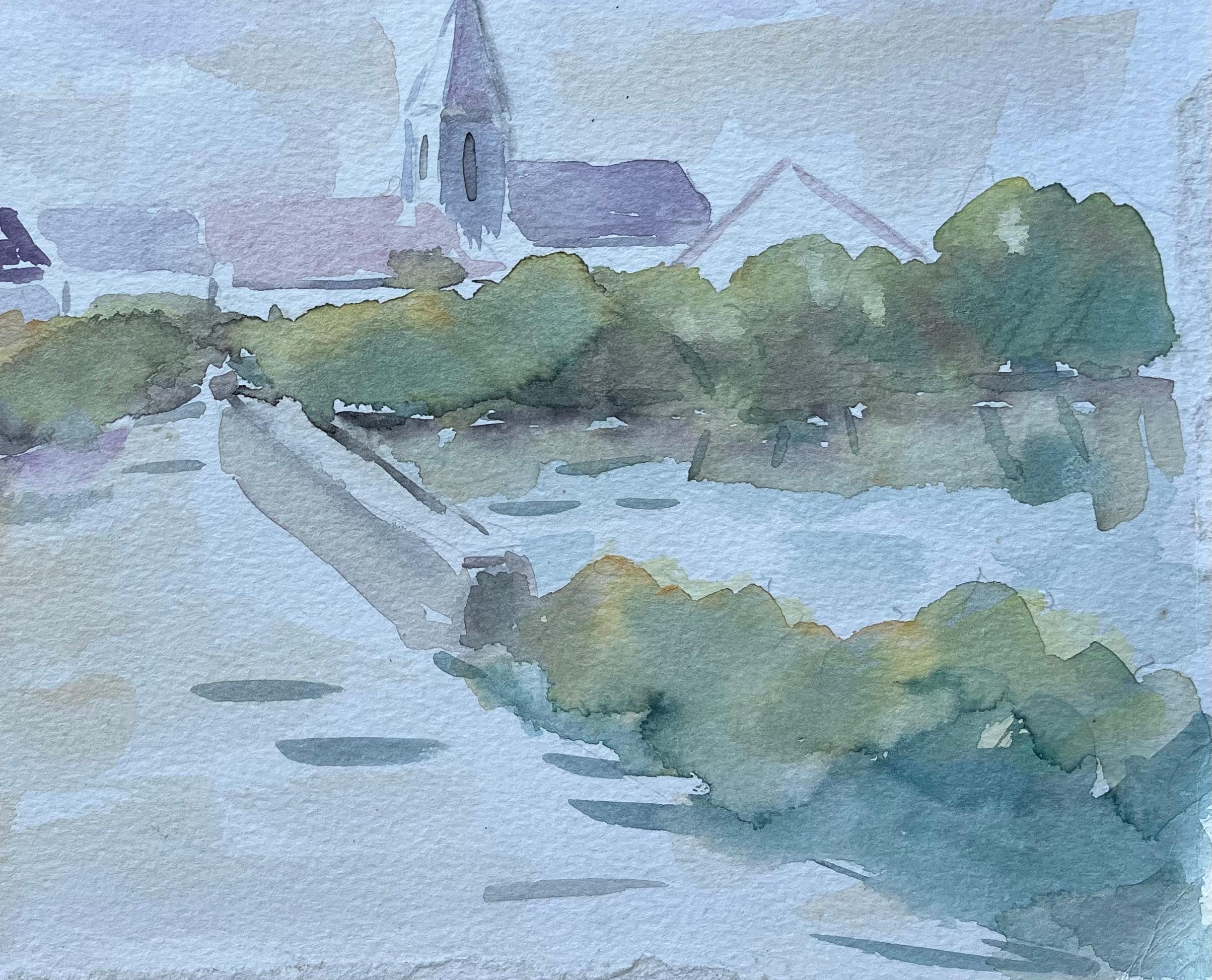Titel: Französisches Aquarell von Brücke und Church's in einer beschaulichen Dorfszene
von Fanch Lel (Franzose, geb. 1930)
Unterschrieben: Ja
Größe: 9,25 Zoll (Höhe) x 12,5 Zoll (Breite)
Aquarell auf Papier, ungerahmt
Zustand: Das Gemälde ist in