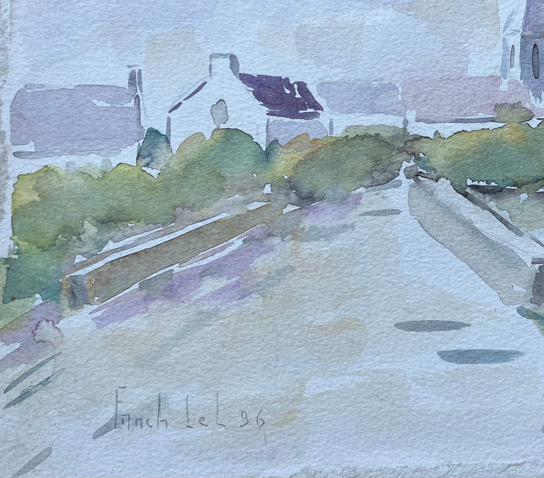 Französisches Aquarell von Brücke und Kirche in einer Tranquil- Village-Szene, Französisch im Angebot 1