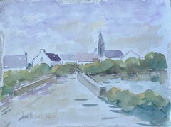 French Watercolour of Bridge and Church in a Tranquil Village Scene