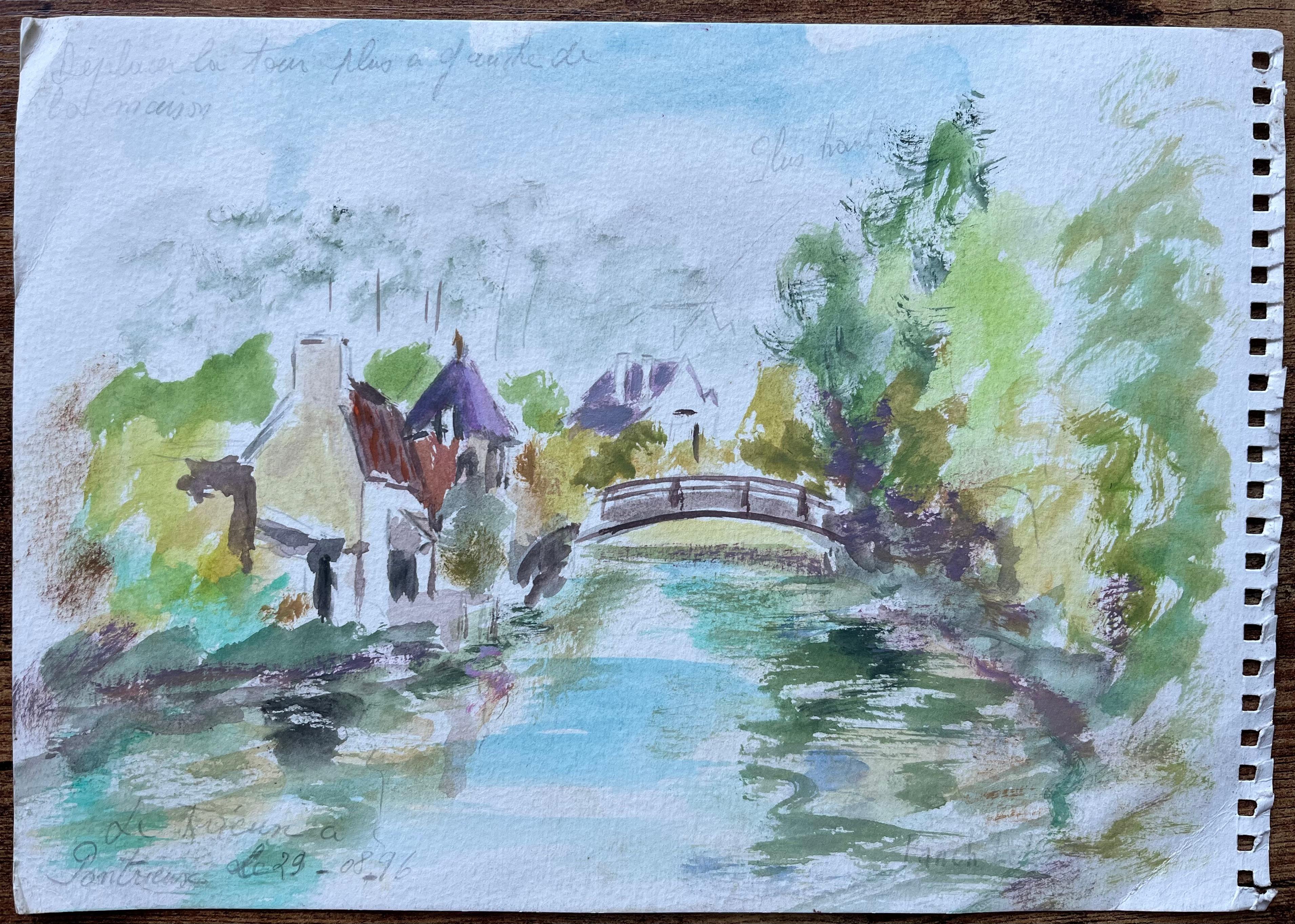 Französisches Aquarell von Brücken- und Flussufer-Häusern in Fontenay-le-Comte – Painting von Fanch Lel