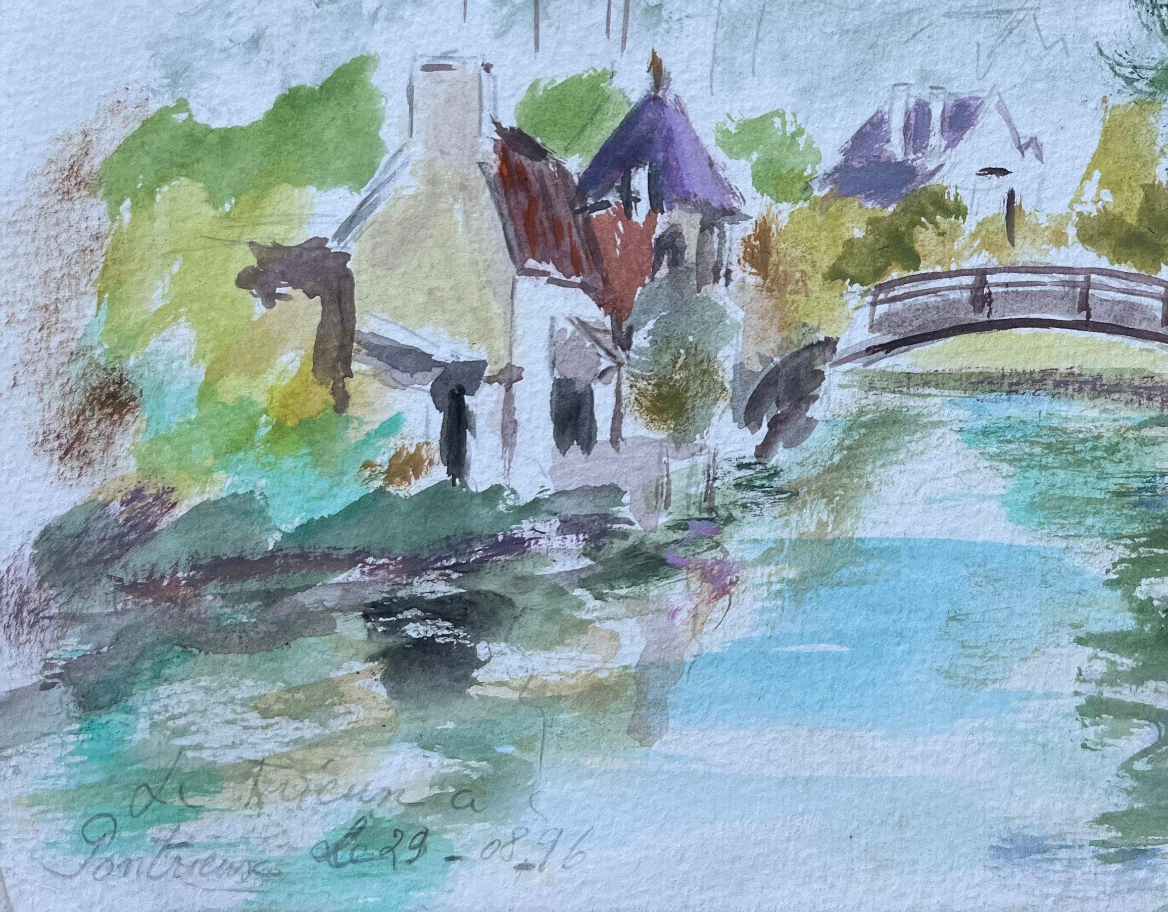 Französisches Aquarell von Brücken- und Flussufer-Häusern in Fontenay-le-Comte (Impressionismus), Painting, von Fanch Lel