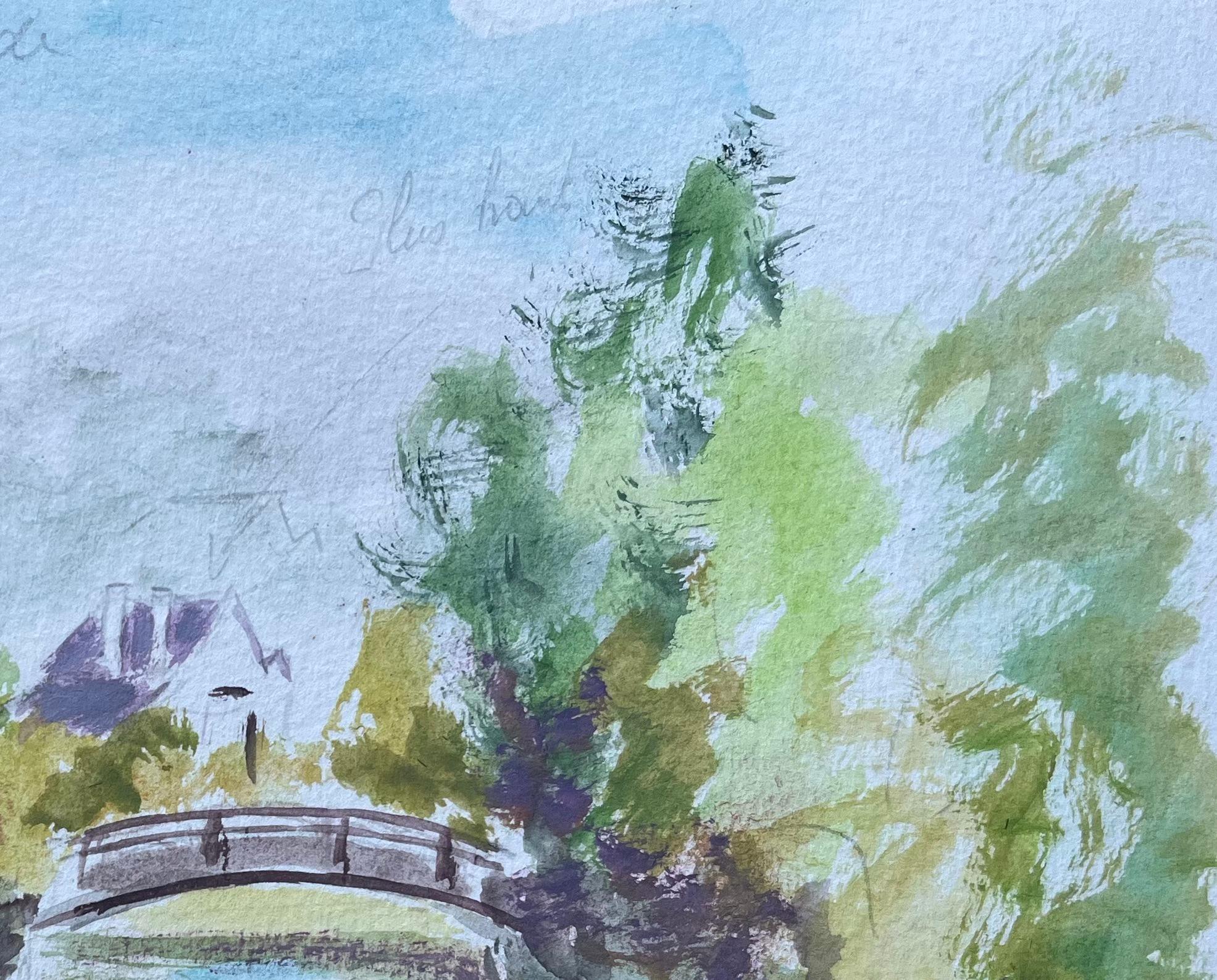 Französisches Aquarell von Brücken- und Flussufer-Häusern in Fontenay-le-Comte (Blau), Figurative Painting, von Fanch Lel