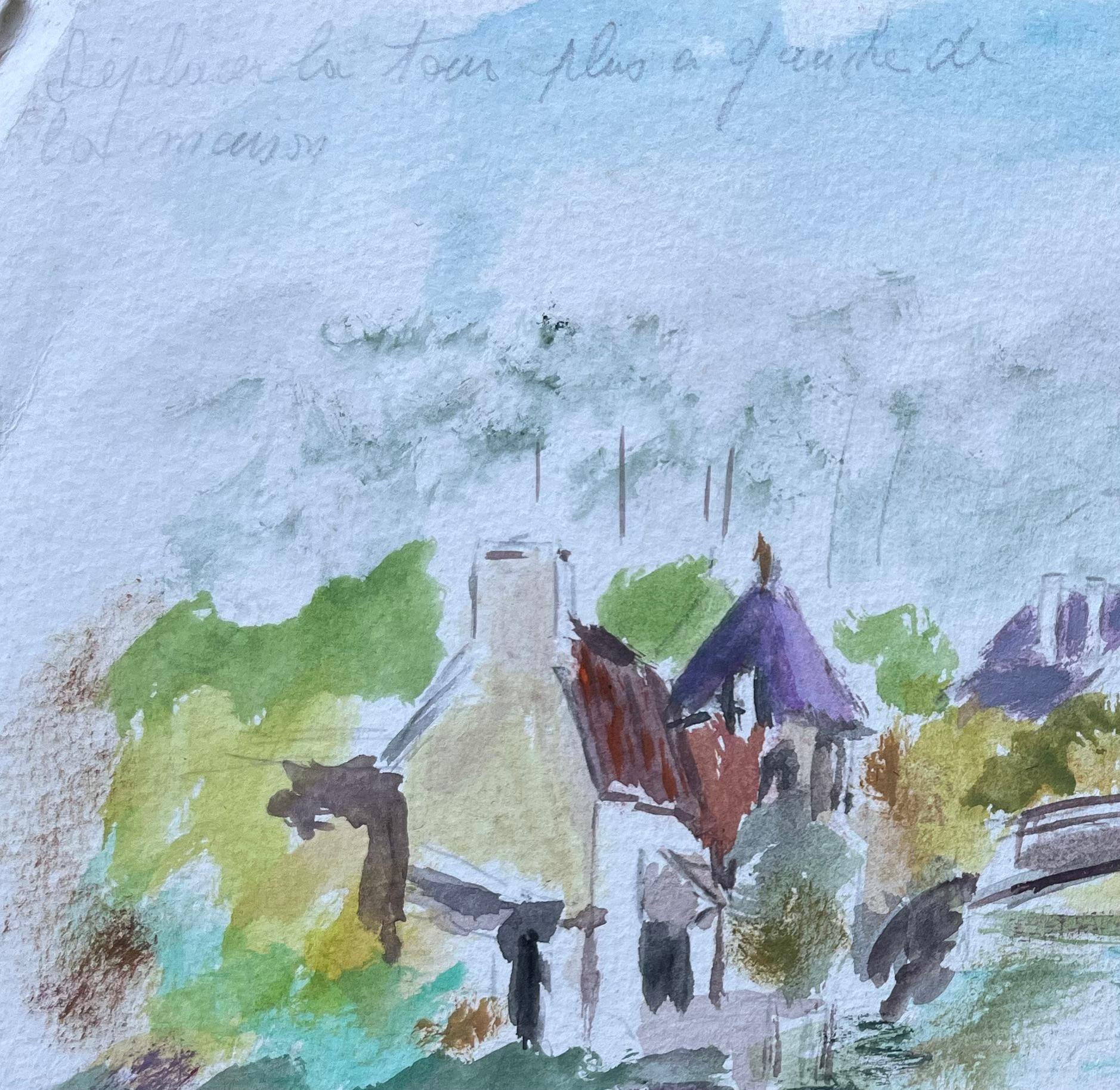 Titel: Französisches Aquarell von Brücke und Uferhäuschen in Fontenay-le-Comte 
von Fanch Lel (Franzose, geb. 1930)
Größe: 8,25 Zoll (Höhe) x 11,75 Zoll (Breite)
Aquarell auf Papier, ungerahmt
Zustand: Das Gemälde ist in gutem Zustand, mit einigen