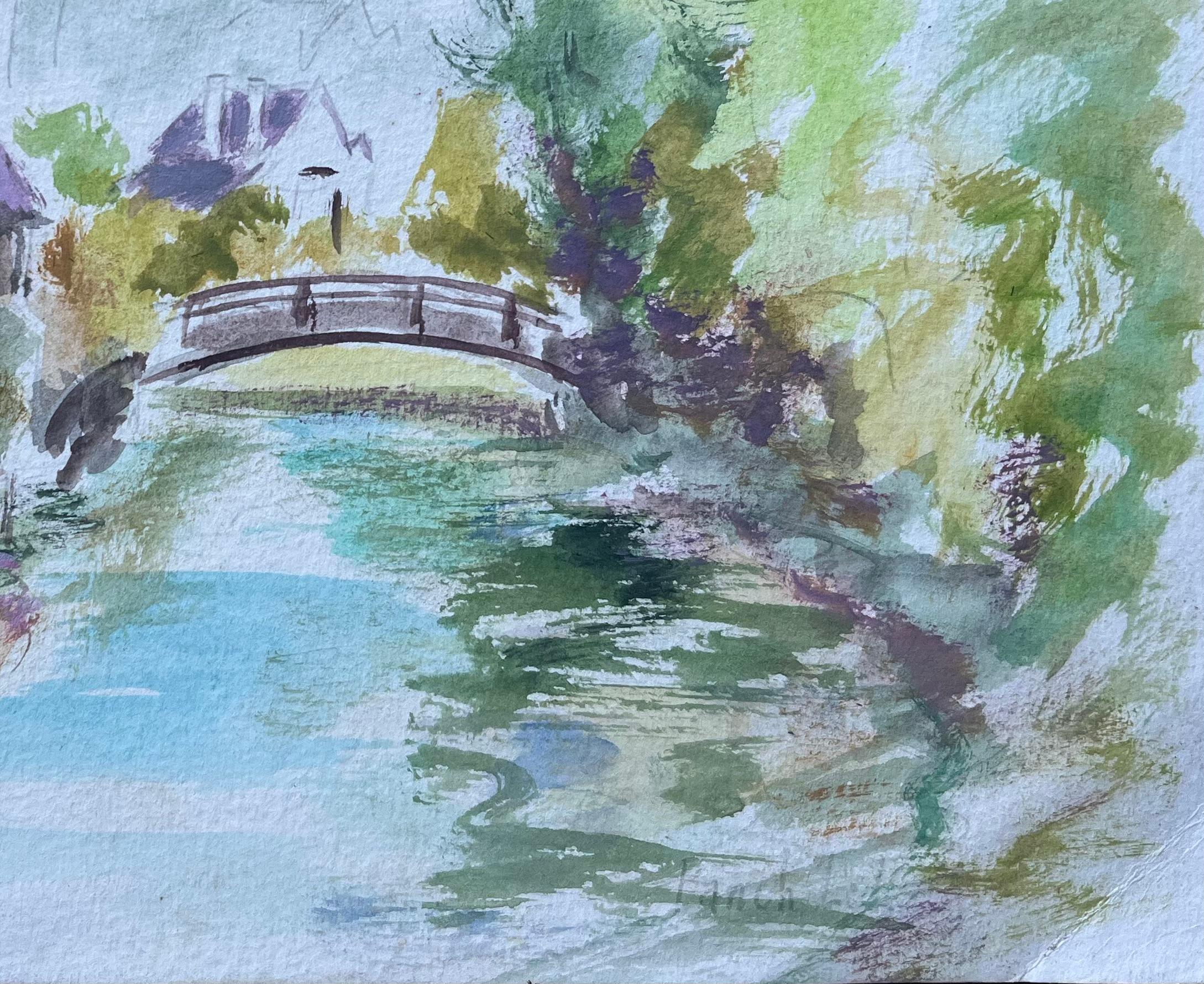 Französisches Aquarell von Brücken- und Flussufer-Häusern in Fontenay-le-Comte im Angebot 1
