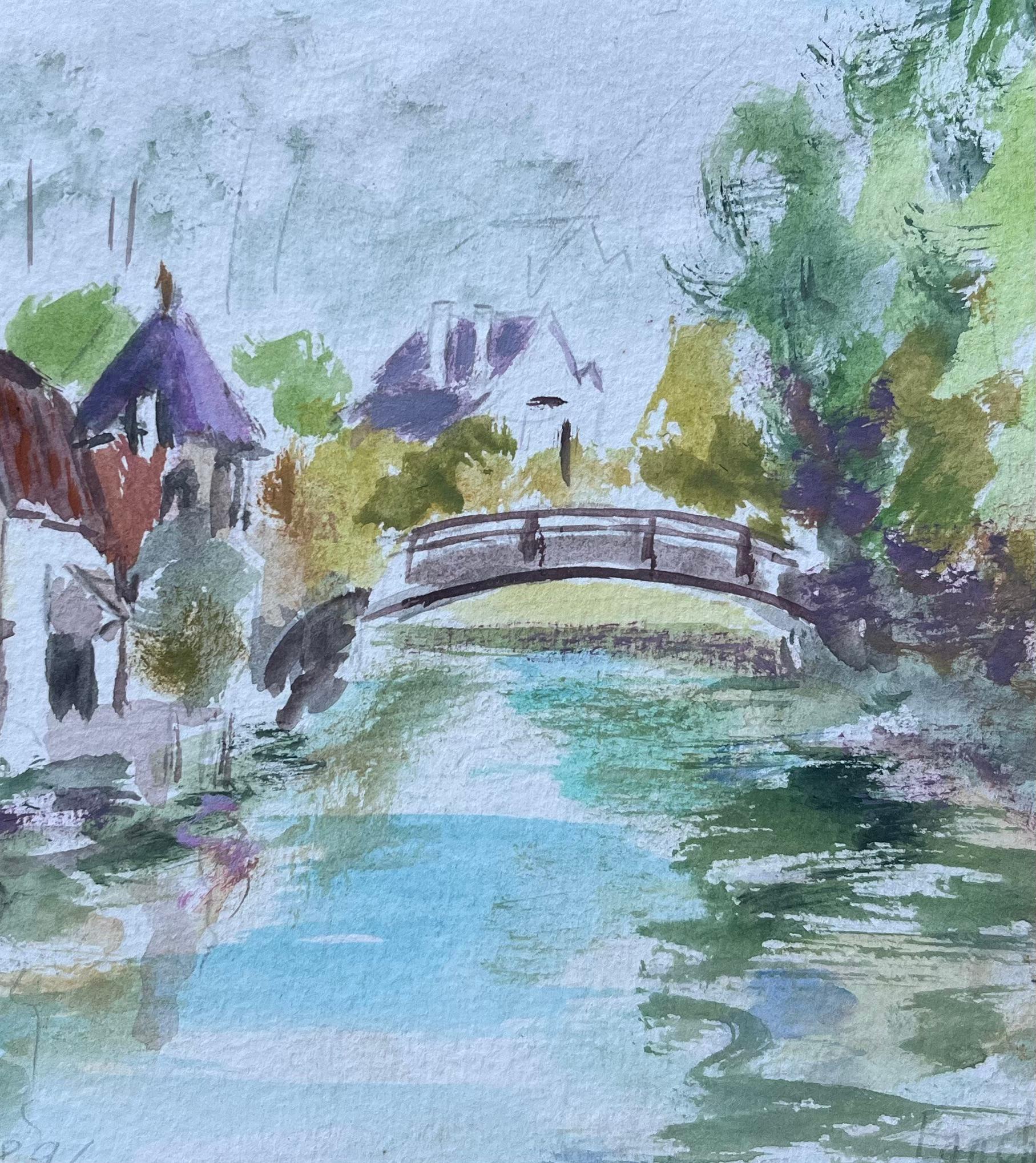 Französisches Aquarell von Brücken- und Flussufer-Häusern in Fontenay-le-Comte im Angebot 2