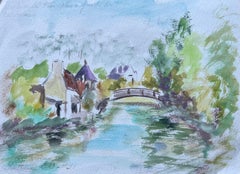 French Watercolour of Bridge and Riverside Cottages in Fontenay-le-Comte