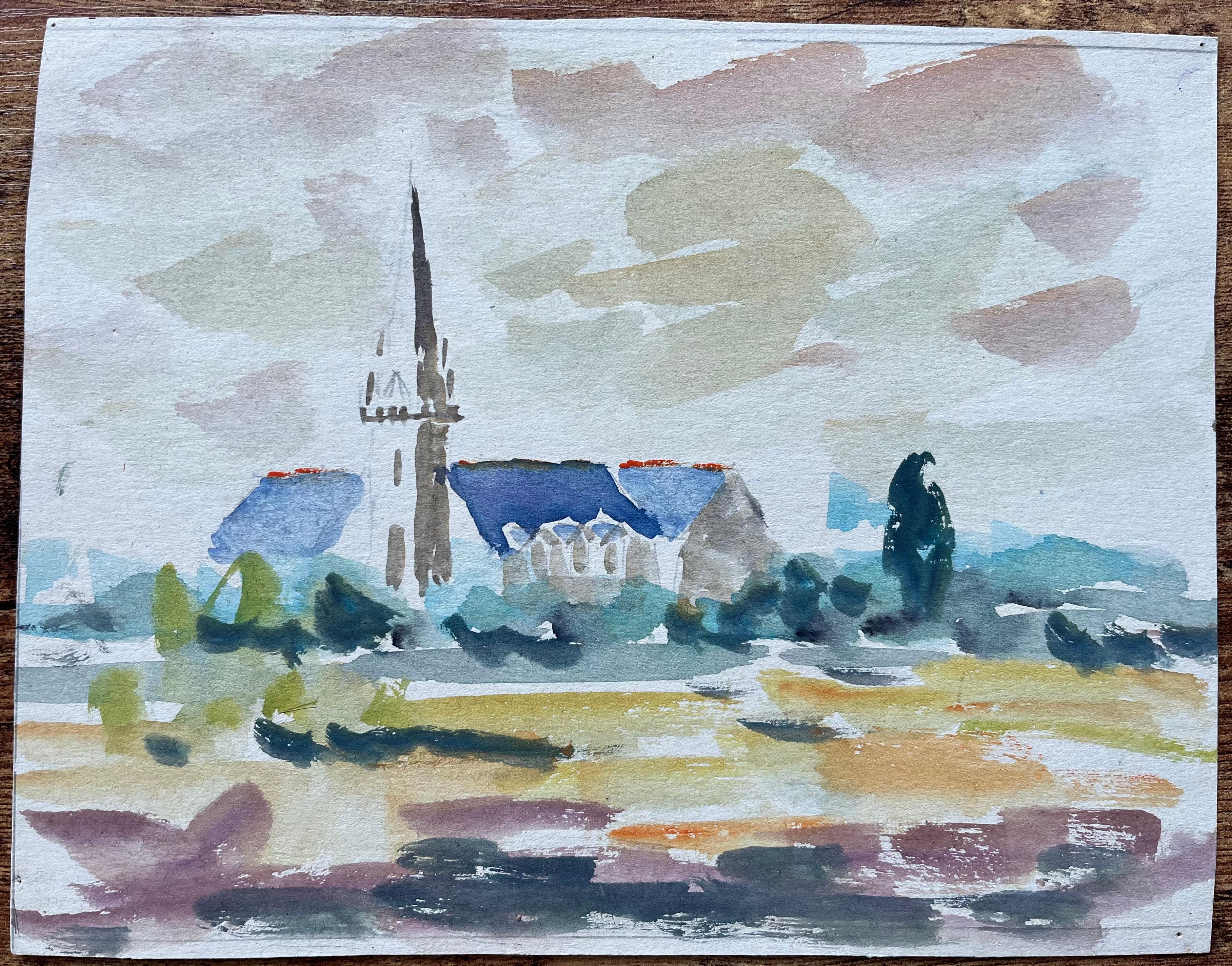 French Watercolour of Countryside Church with Blue Roofs and Tall Spire - Painting by Fanch Lel