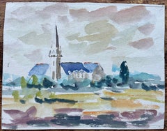 French Watercolour of Countryside Church with Blue Roofs and Tall Spire