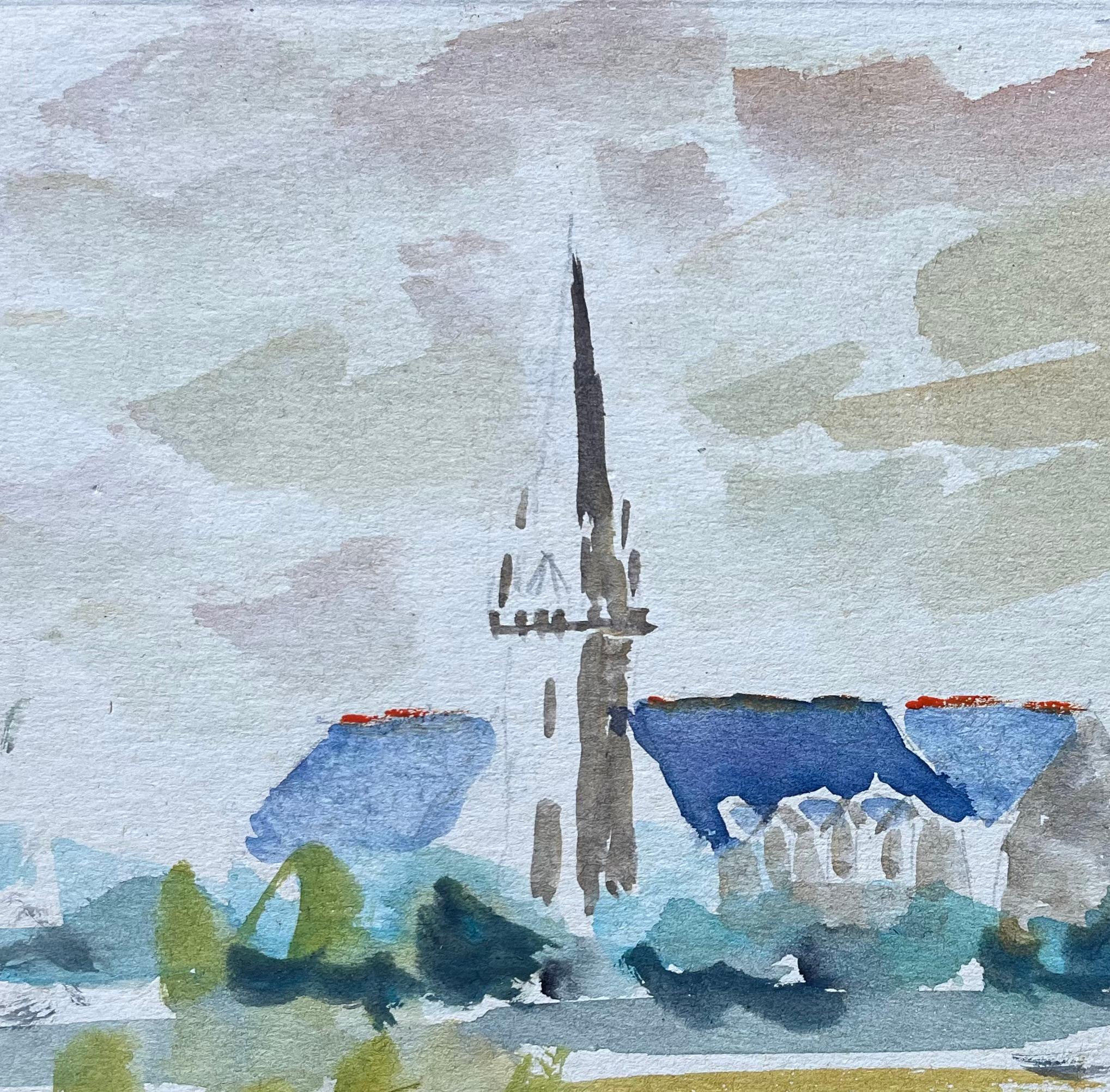 French Watercolour of Countryside Church with Blue Roofs and Tall Spire - Impressionist Painting by Fanch Lel