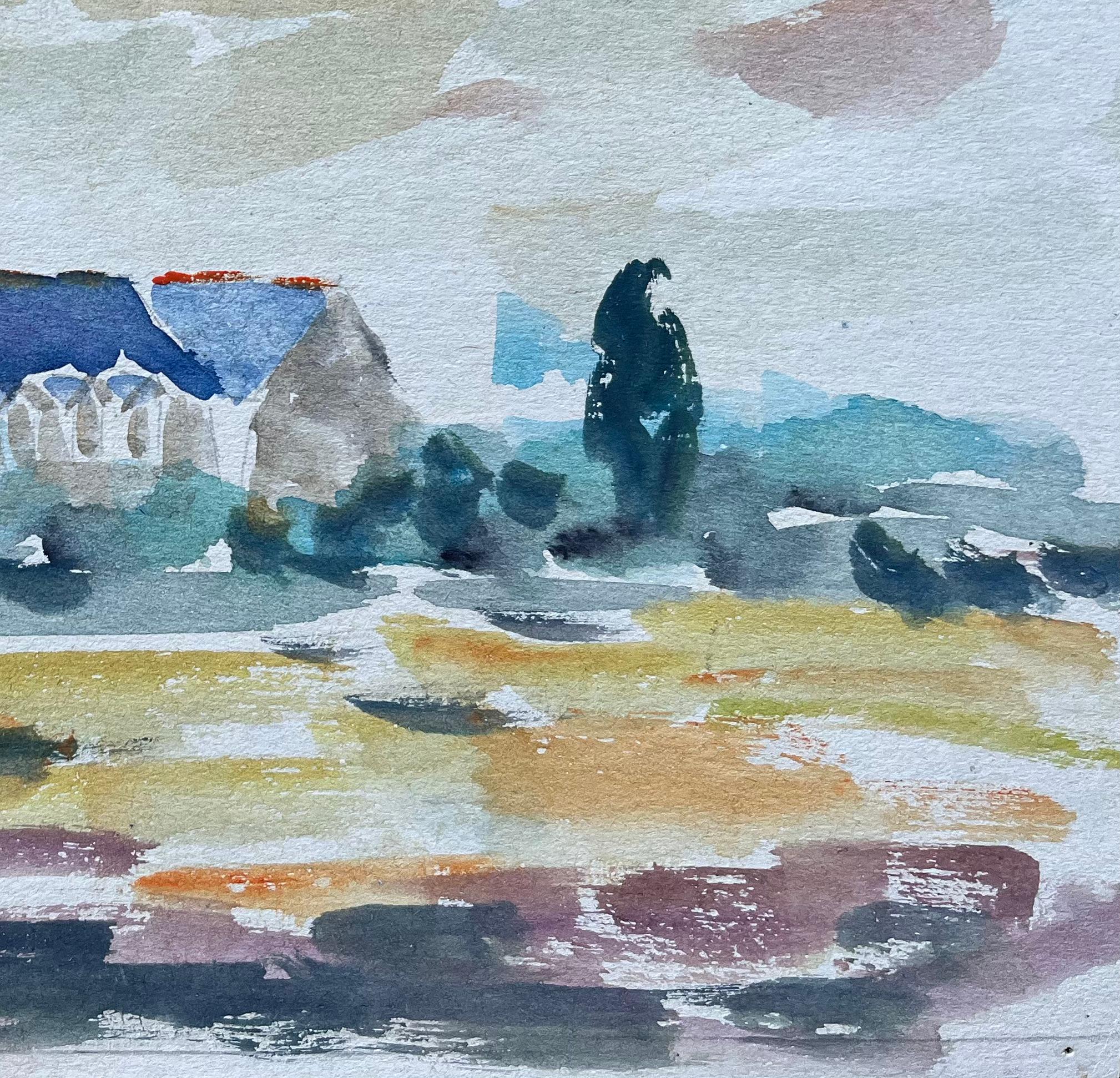 Title: French Watercolour of Countryside Church with Blue Roofs and Tall Spire
by Fanch Lel (French b. 1930)
Signed: Yes
Size: 7.75 inches (height) x 10.25 inches (width)
Watercolor painting on card, unframed
Condition: The painting is in good