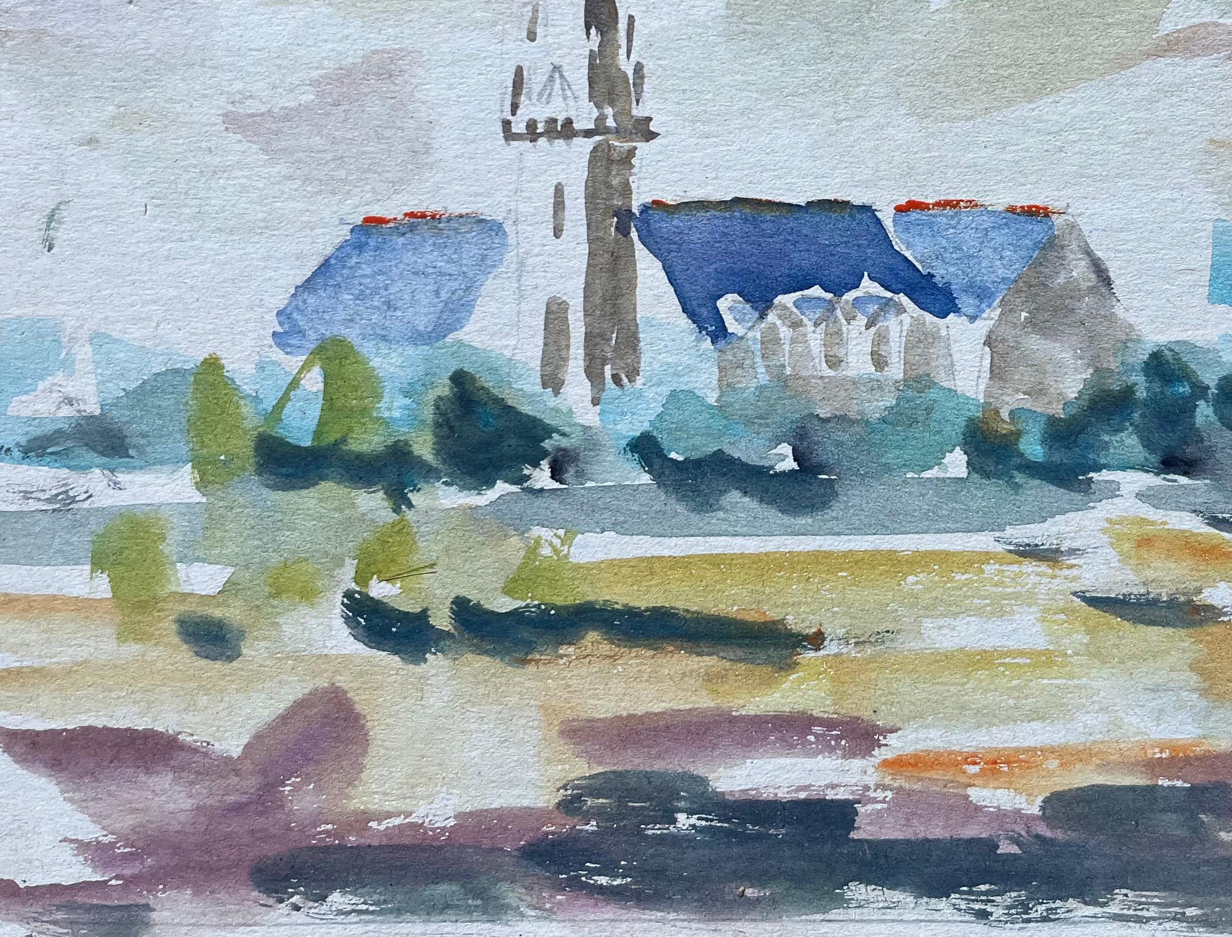 French Watercolour of Countryside Church with Blue Roofs and Tall Spire For Sale 1