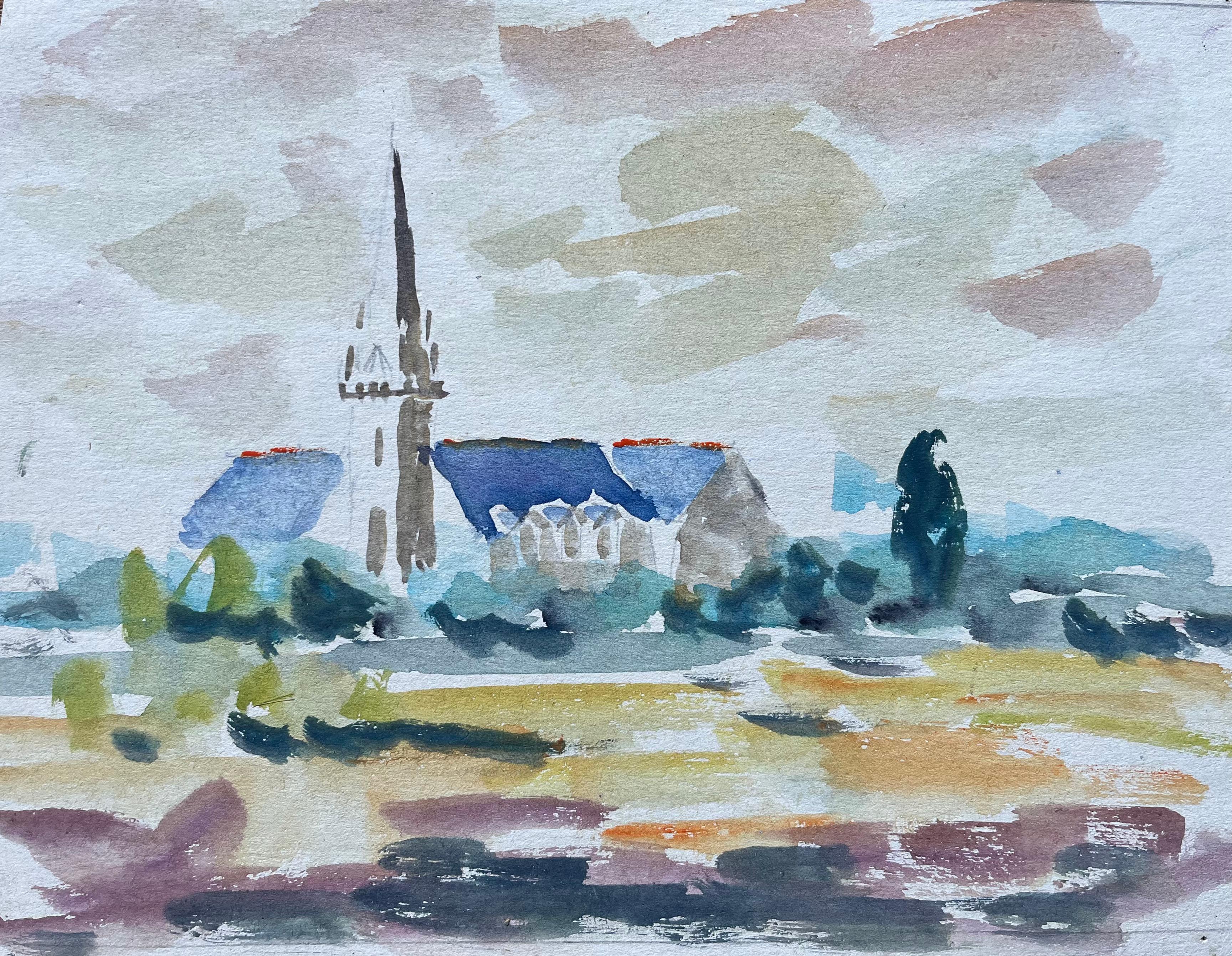 Fanch Lel Landscape Painting - French Watercolour of Countryside Church with Blue Roofs and Tall Spire