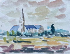French Watercolour of Countryside Church with Blue Roofs and Tall Spire